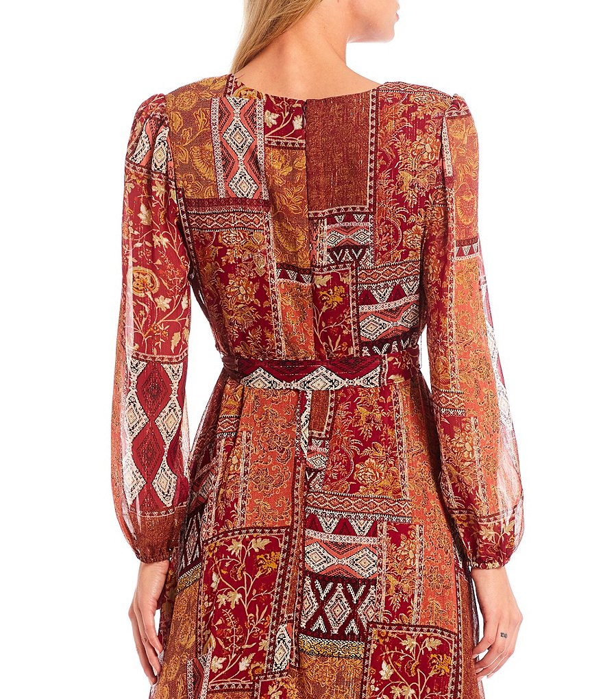Leslie Fay V-Neck Long Sleeve Patchwork Chiffon Wrap Dress