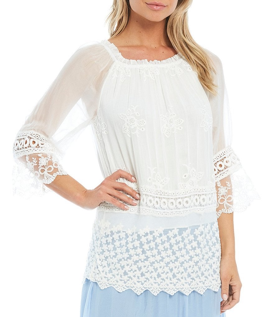 M Made in Italy 3/4 Sleeve Crochet Lace Silk Blend Layered Tunic