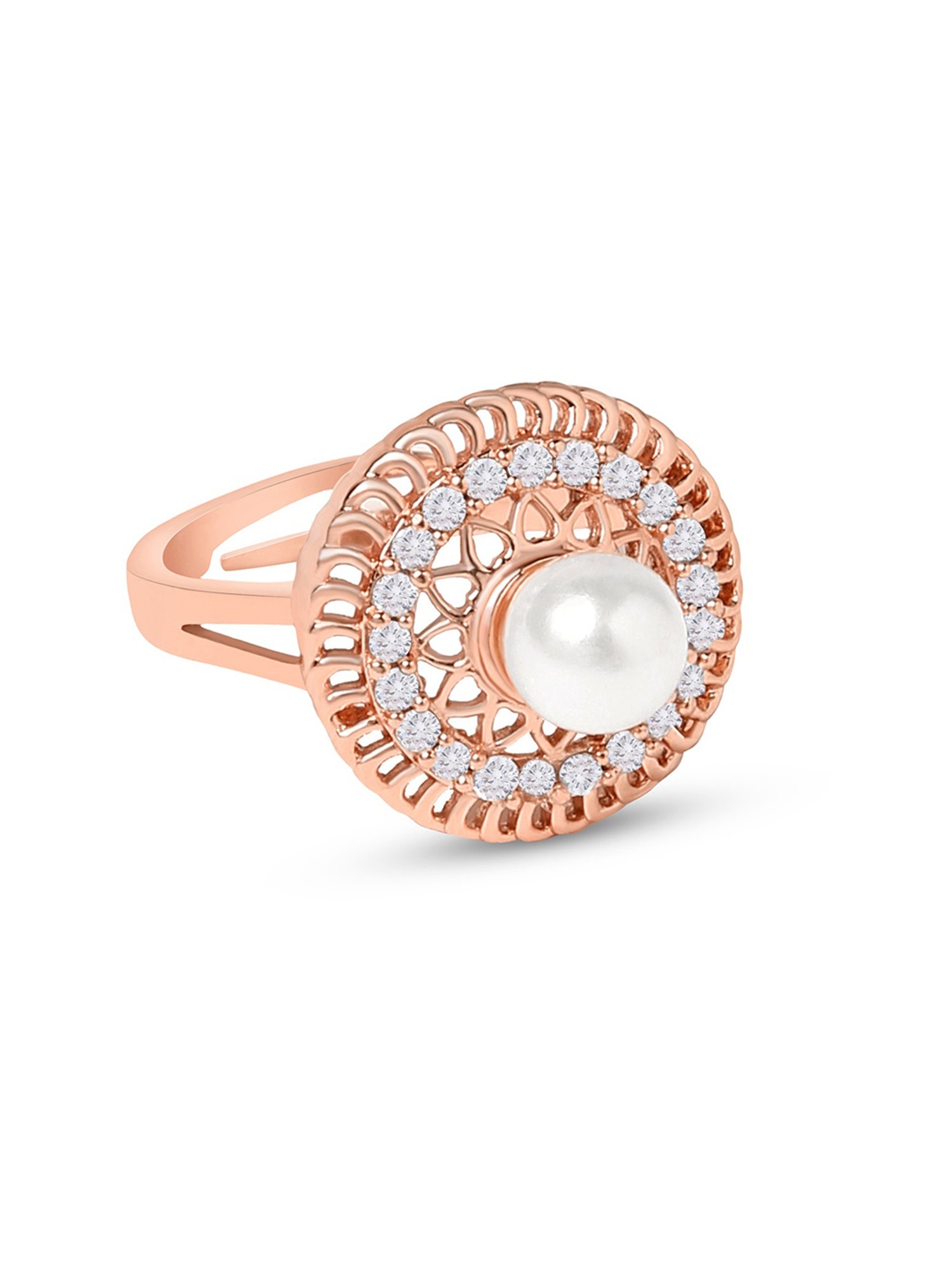 Zaveri Pearls Rose Gold Cubic Zirconia & Pearl Contemporary Brass Ring Cocktail Ring - ZPFK10900