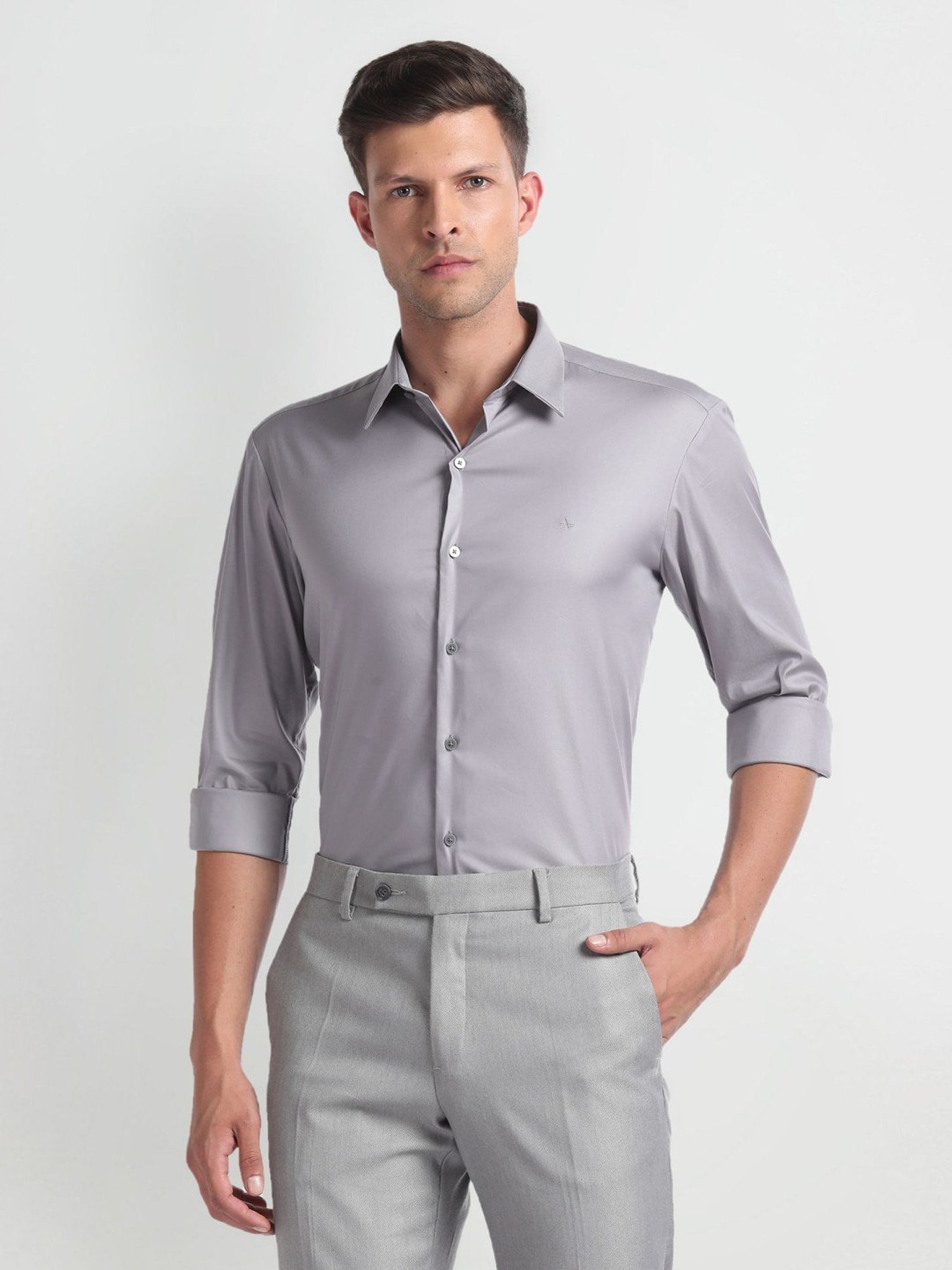 Arrow Newyork Grey Cotton Slim Fit Shirt