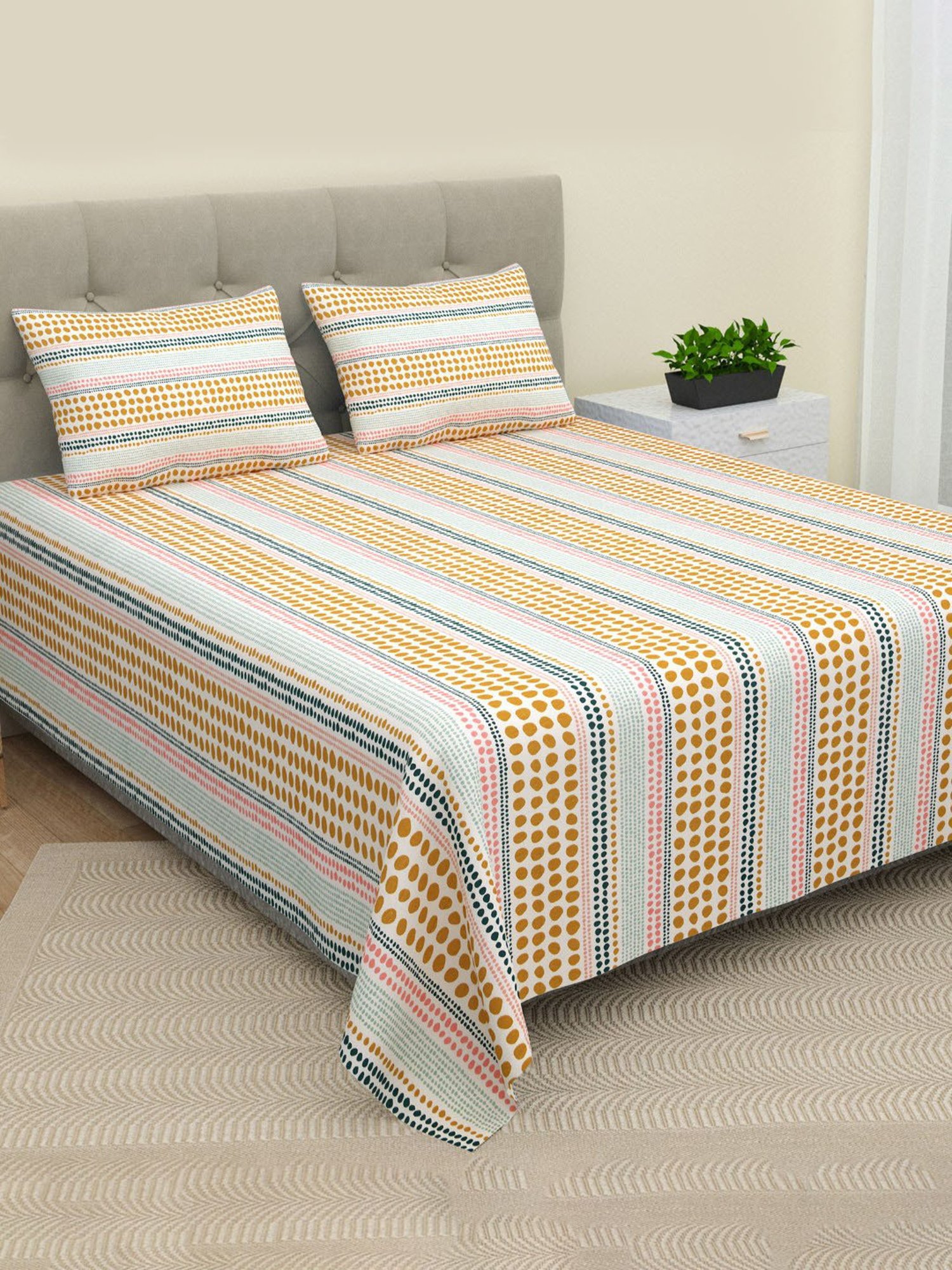 BELLA CASA Printed Orange 220 TC Cotton Super King Bedsheet with 2 Pillow Covers