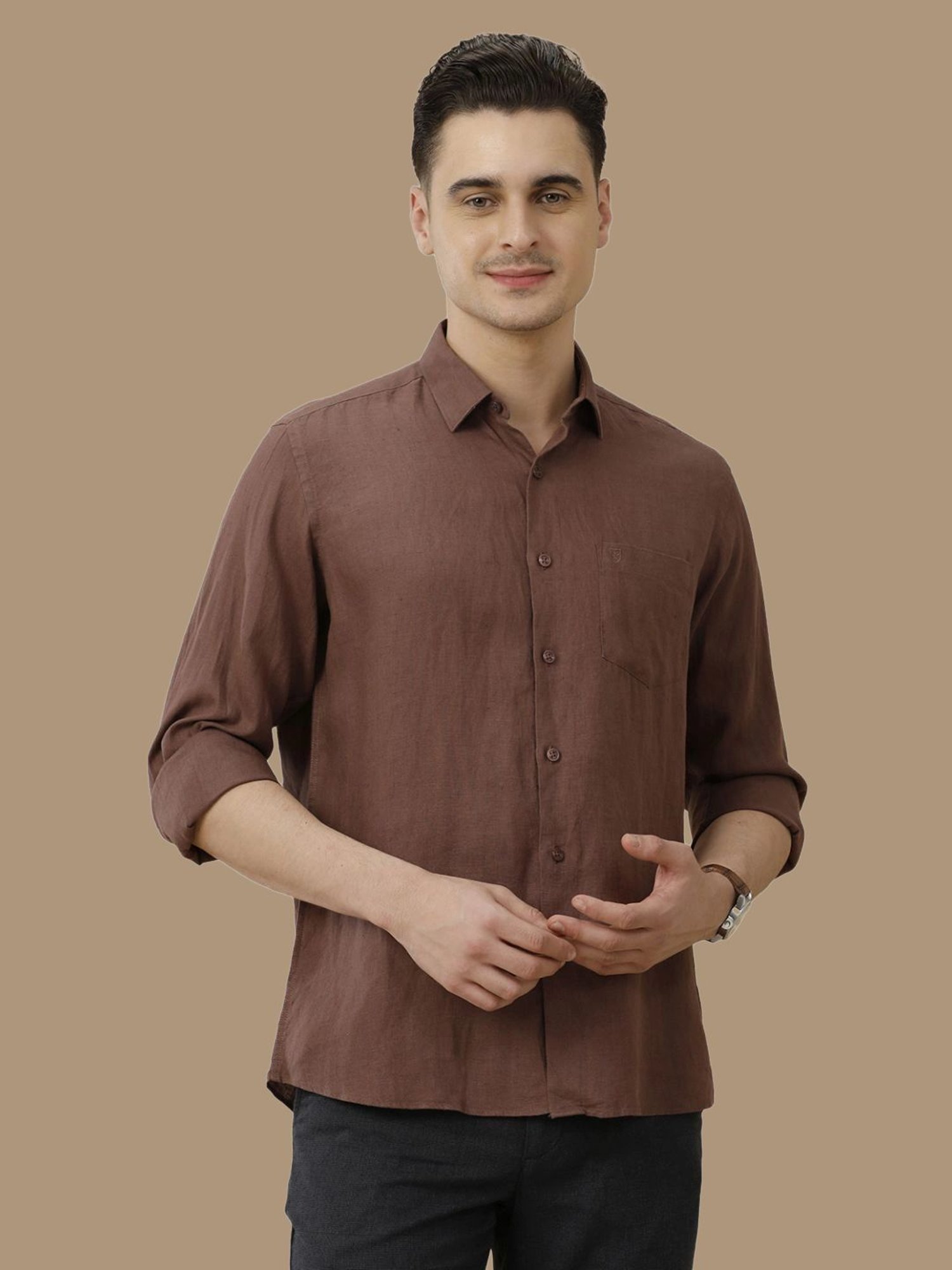 Linen Club Brown Linen Contemporary Fit Shirt