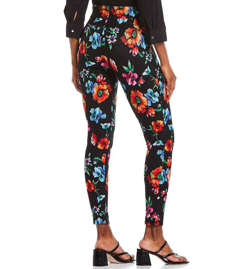 Slim Factor by Investments Watercolor Floral Print Ponte Classic Waist Ankle with Tie Knot Hem Leggings