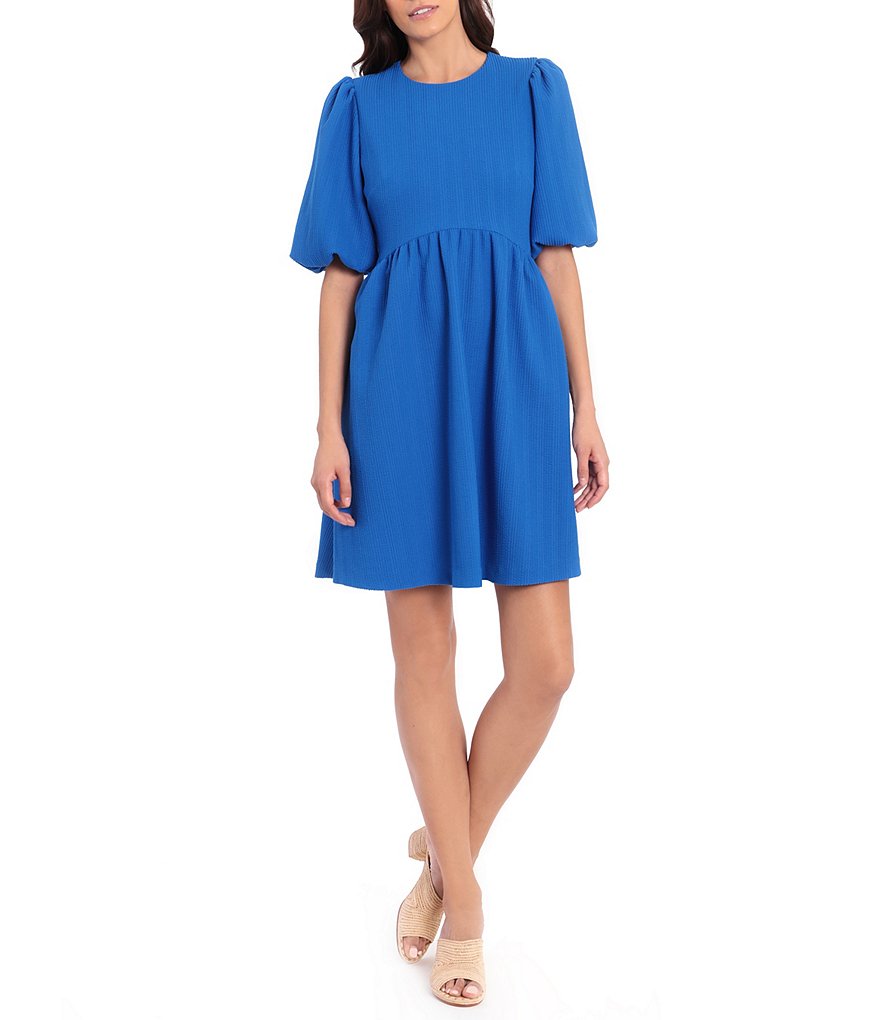 Maggy London Seer Sucker Puff Sleeve Jewel Neck Baby Doll Dress