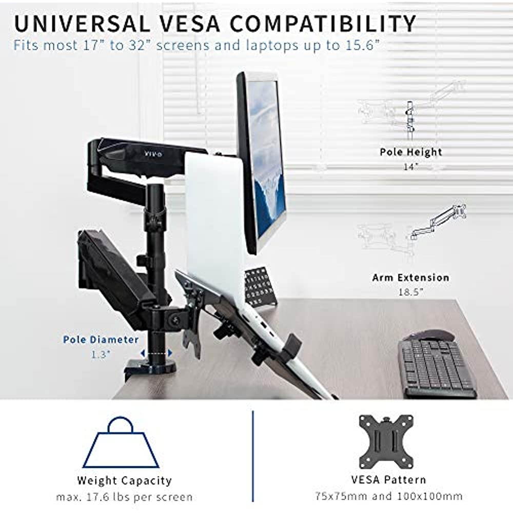VIVO Black 17" to 32" Monitor + Laptop Pneumatic Spring Sit-Stand Desk Mount | Articulating VESA Stand (STAND-V102L)