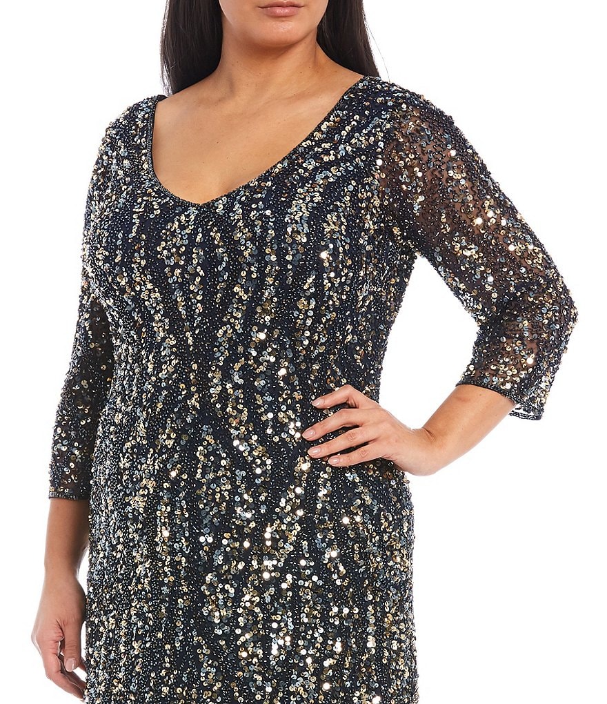 Pisarro Nights Plus Size Sequin Mesh 3/4 Sleeve Gown