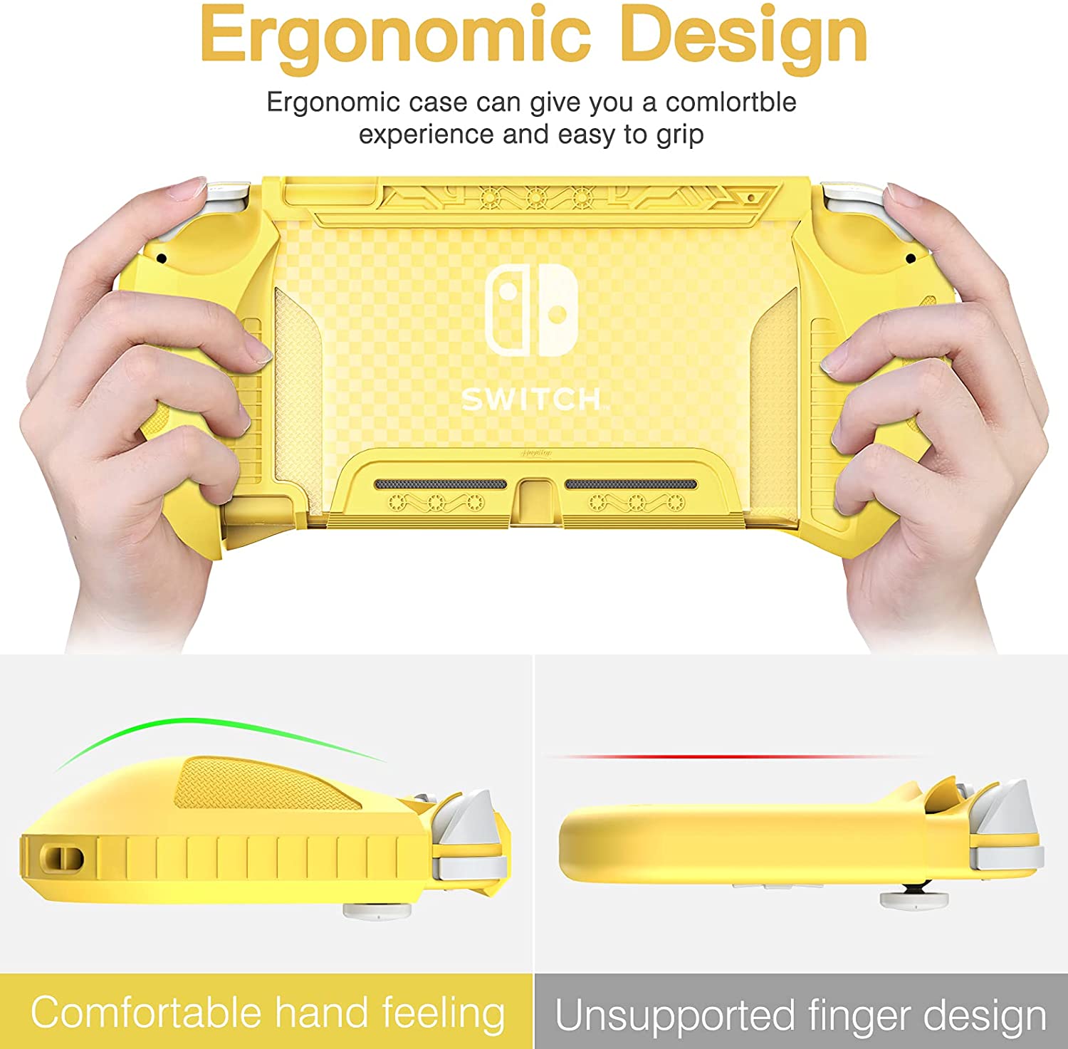 HEYSTOP Case Compatible with Nintendo Switch Lite, with Tempered Glass Screen Protector and 6 Thumb Grip, TPU Protective Cover for Switch Lite with Anti-Scratch/Anti-Dust (Yellow)