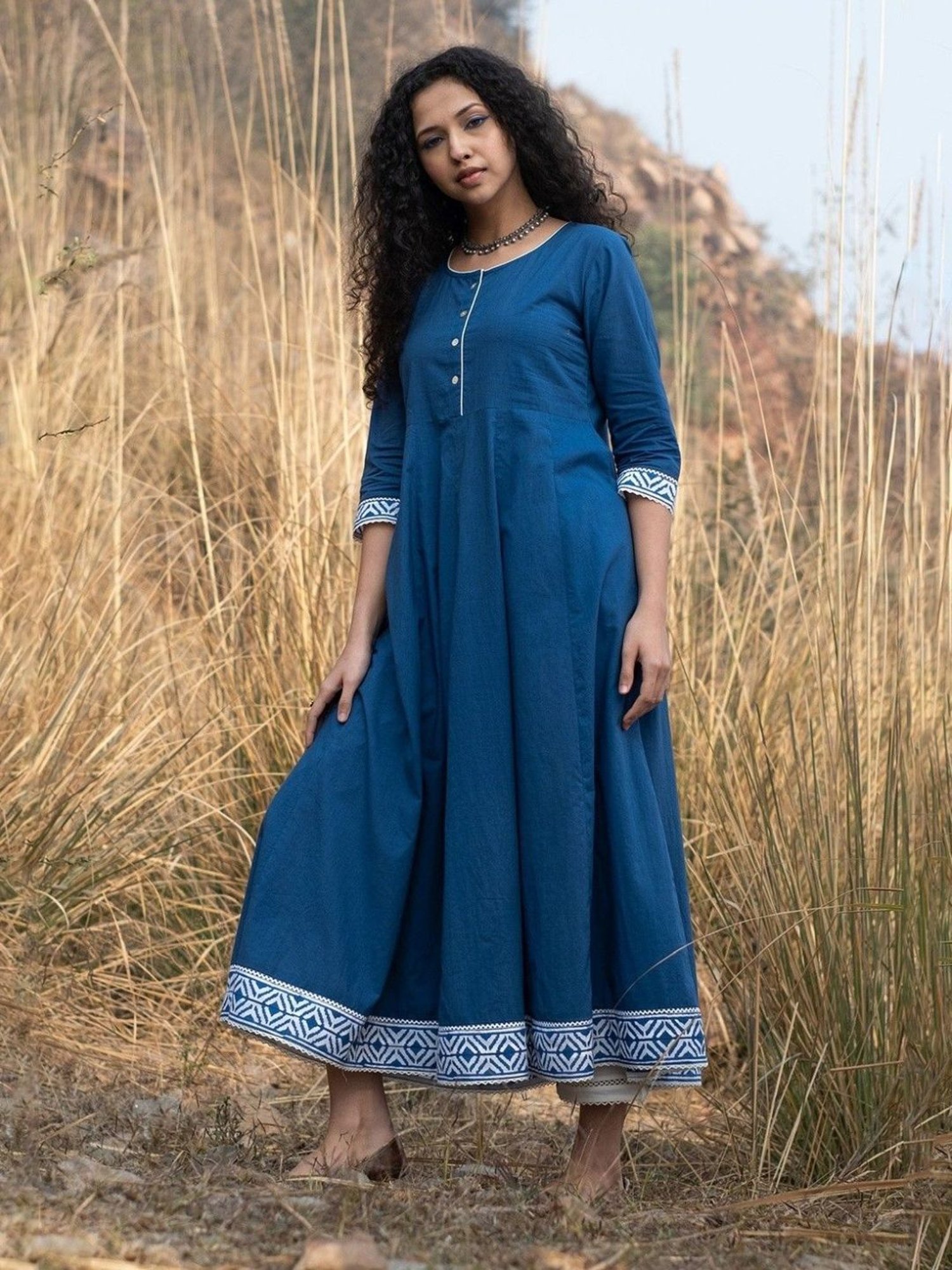 Akiso Neela Solid Indigo Anarkali Kurta With Block Print Border And Lace Details