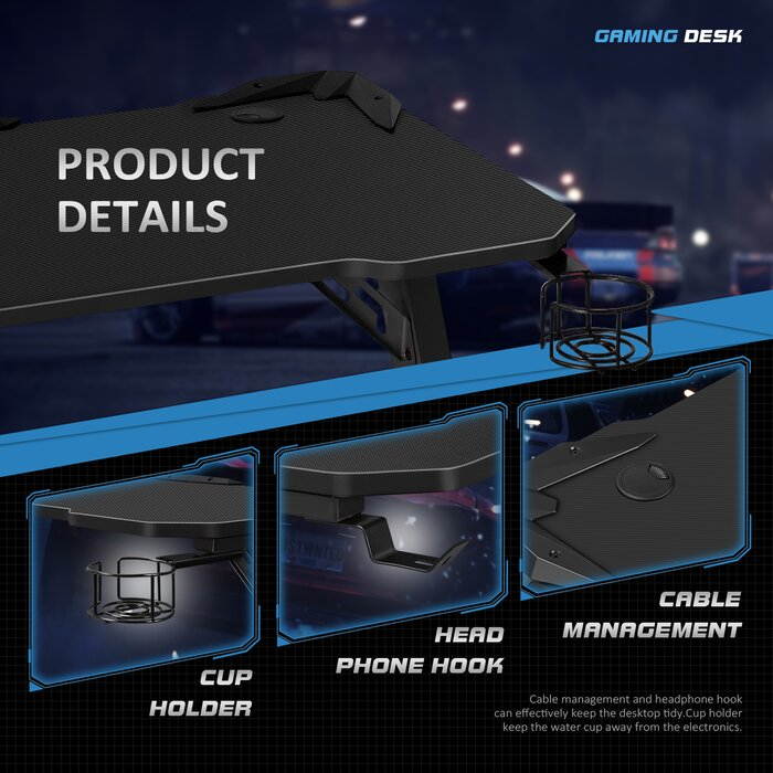 Homall Computer Gaming Desk Large Carbon Fiber Surface Computer Table Z-shaped Feet PC Desk with Cup Holder Headphone Hook Game Handle Rack (Black)