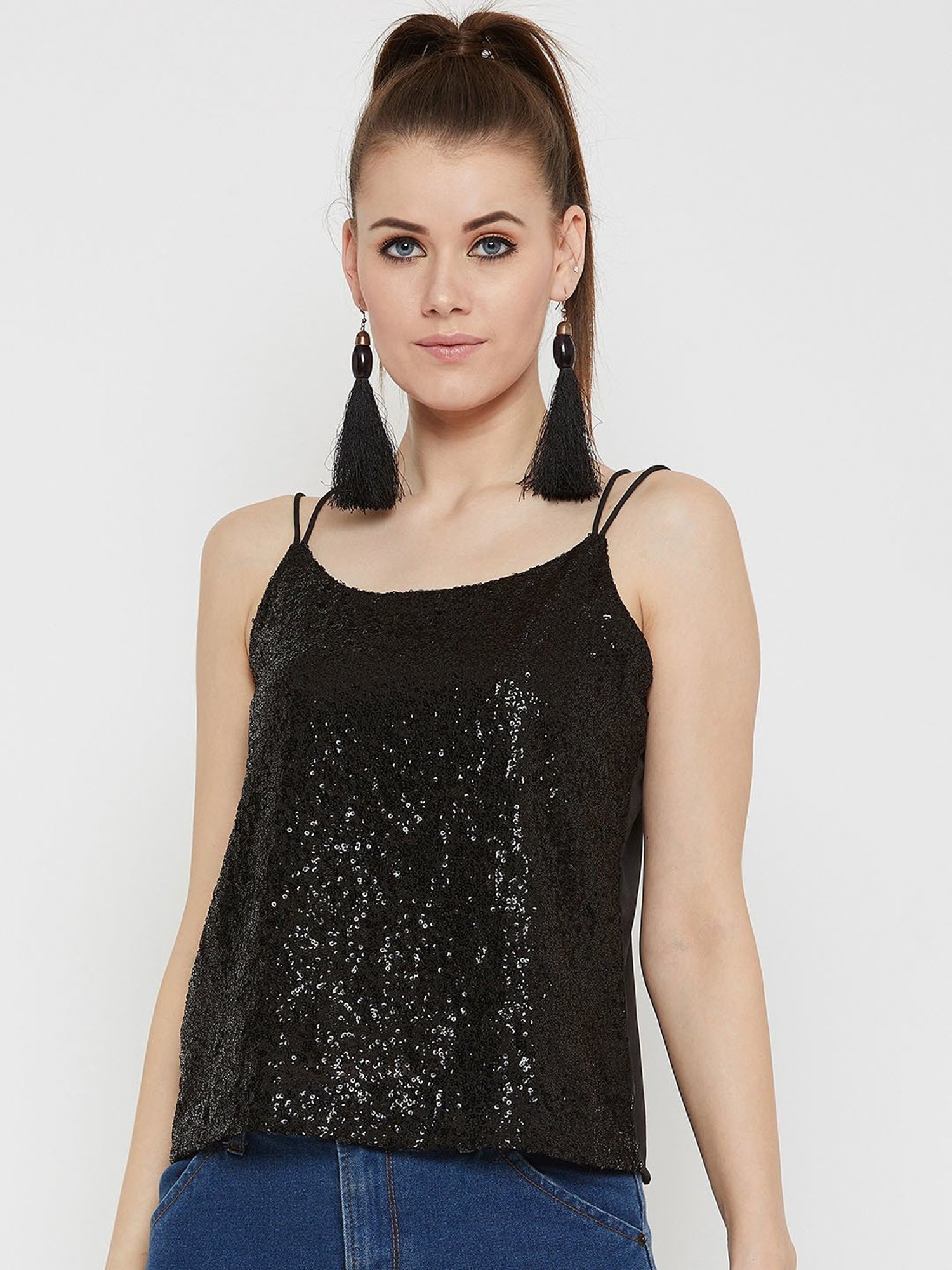 Carlton London Black Embellished Spaghetti Top
