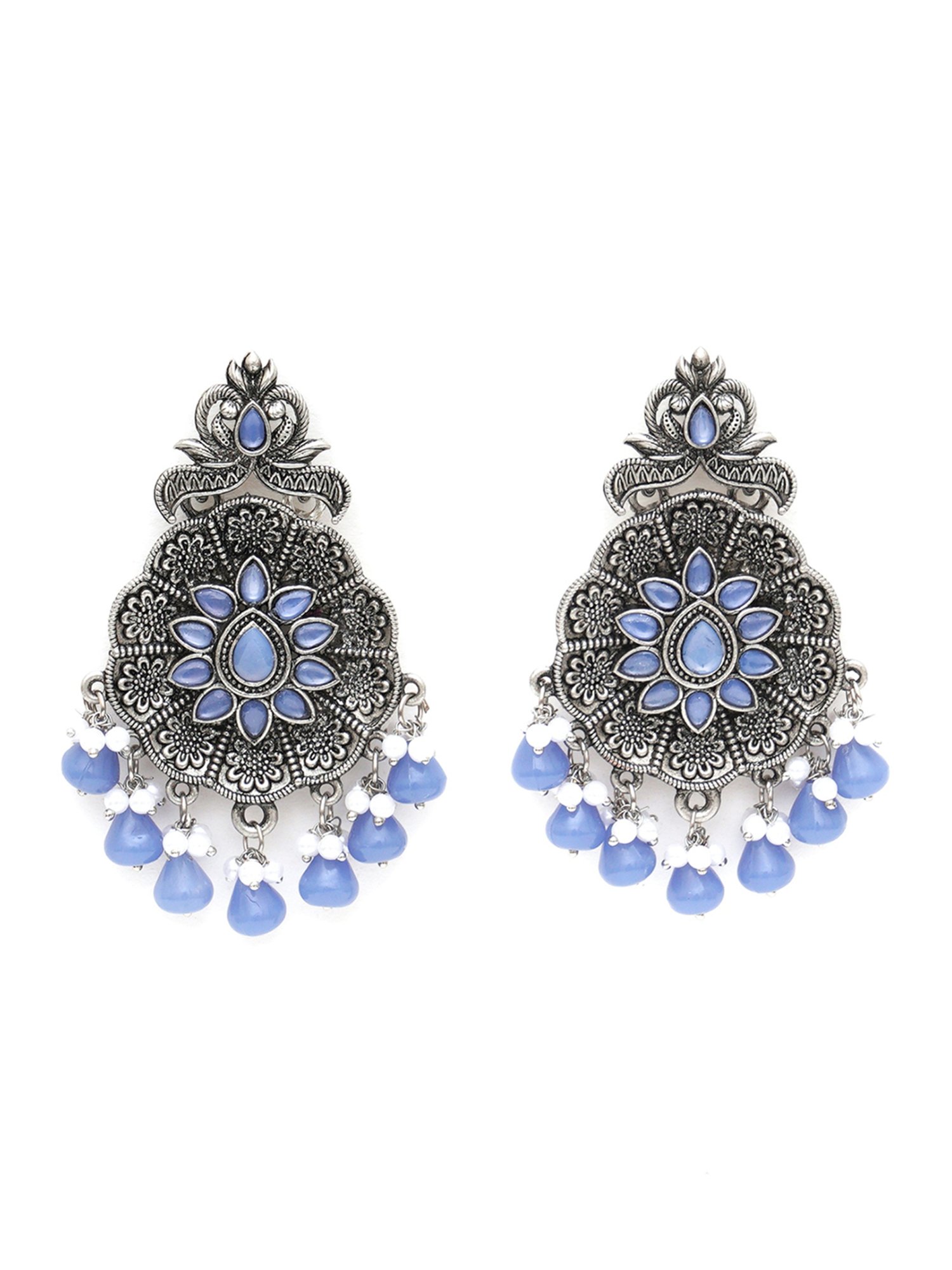 Karatcart Oxidized Blue Monalisa Stone-Studded Floral Drop Earrings for Women