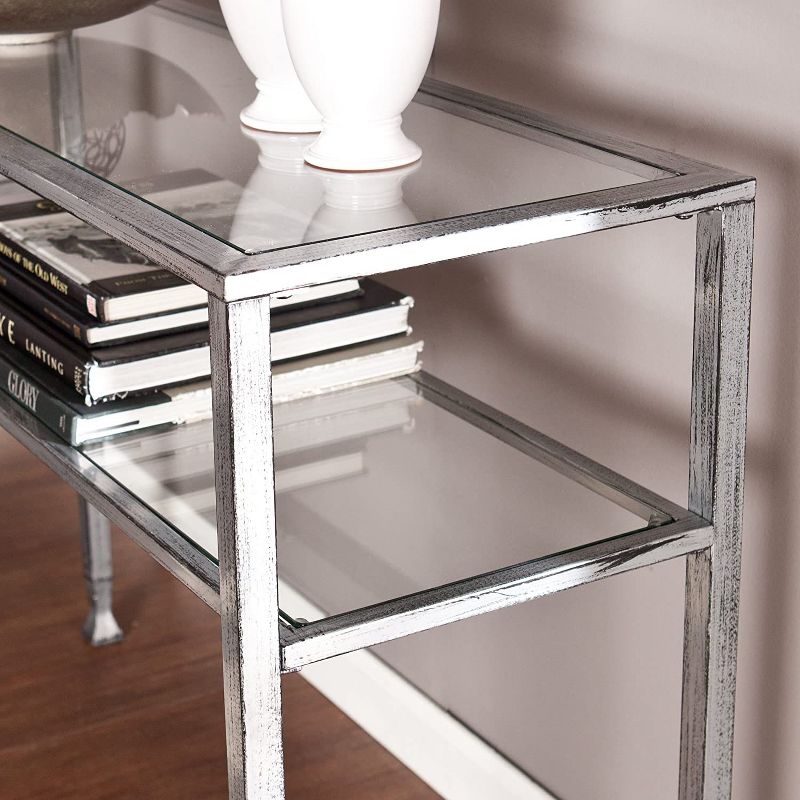 SEI Furniture Jaymes Distressed 2 Tier Media Console Accent Table with Glass Shelf and Slim Contemporary Rectangular Brushed Finish, Silver (Metal)