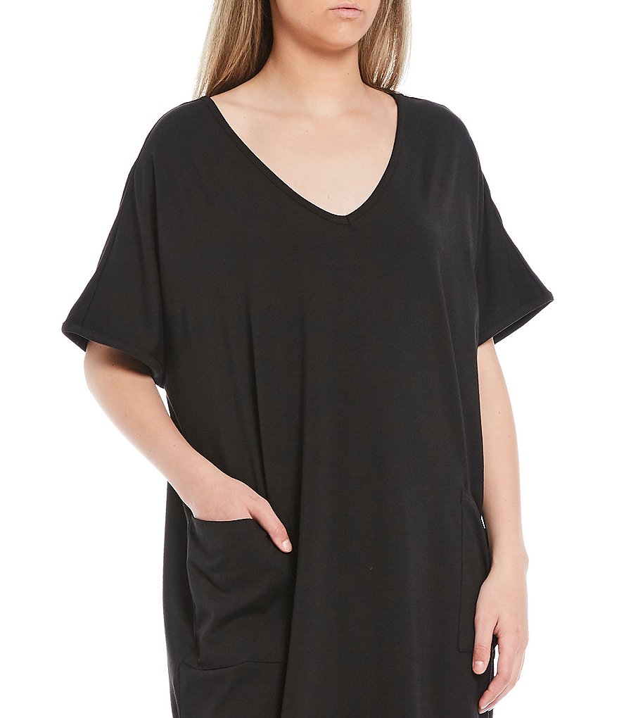 Kate Landry Solid Knit V-Neck Short Sleeve Midi Lounge Dress