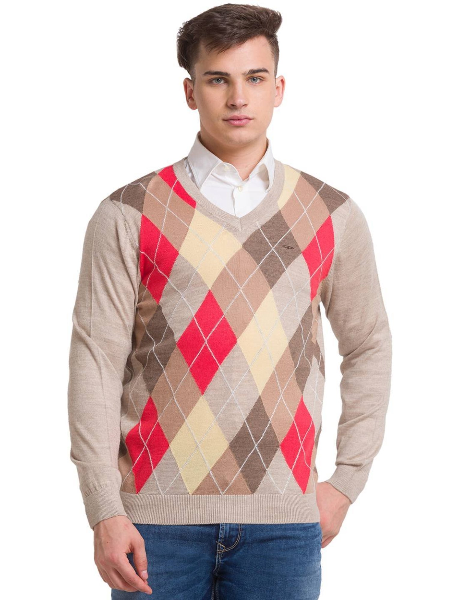 ColorPlus Beige Tailored Fit Self Pattern Sweater