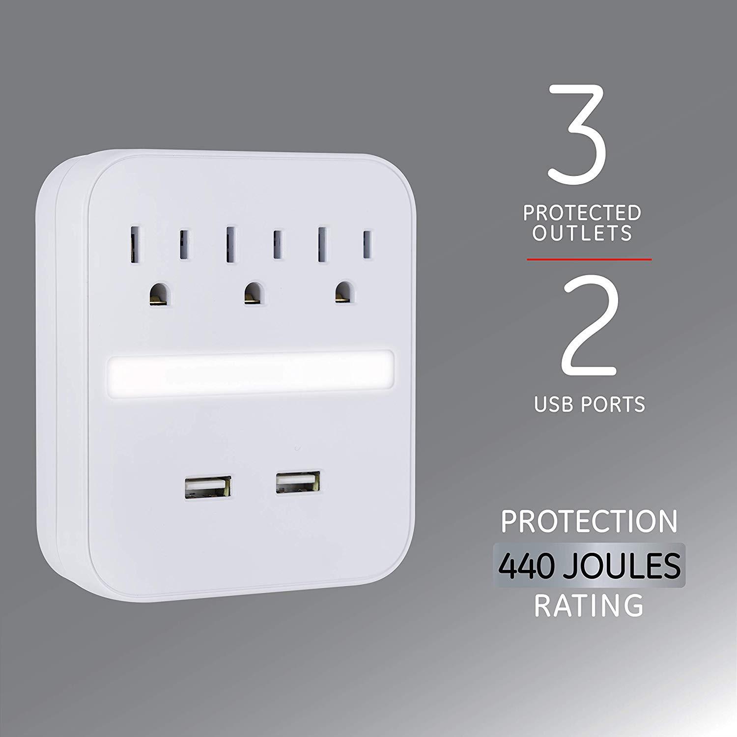 GE Pro USB Charging Surge Protector with Light Sensing Night Light, 3 Outlets, 2 USB Ports, Wall Charger, Dusk to Dawn Sensor, 3 Outlets, 2 USB Ports, 440 Joules, White, 41628