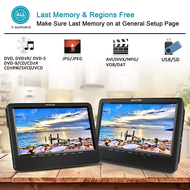 10.5'' Car Dual DVD Player Portable Kids Headrest CD Players, Two Mounting Brackets Built-in 5 Hours Rechargeable Battery Great for Family Travel (1 Player+1 Monitor)
