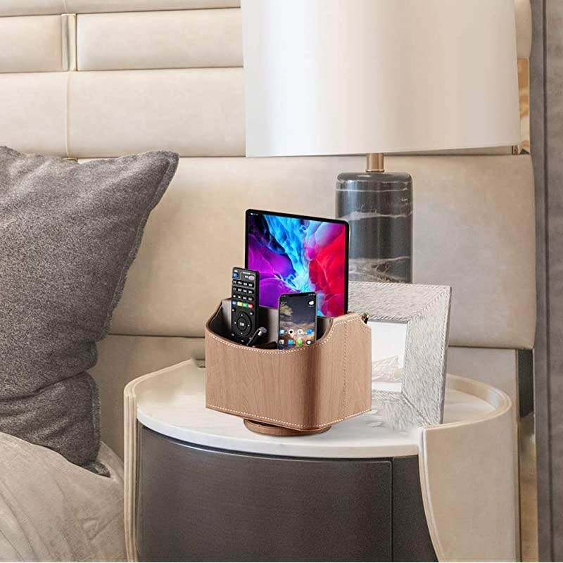 Control Holder 360 Degrees Rotatable Desk Stationery Supply Organizer PU Leather Desktop Storage Box for Controllers Media Bedside Spinning TV Caddy E-reader iPad Mobile Pencil Cosmetic(Black)