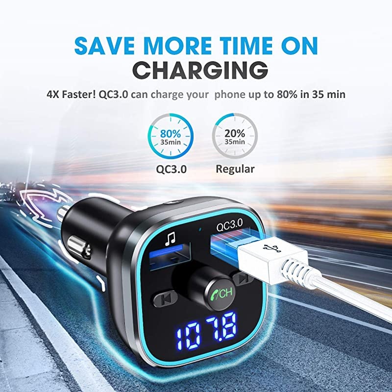 Bluetooth FM Transmitter for Car BT 50 QC30 Wireless Bluetooth FM Audio Adapter Music Player Car Kit with LED Backlit HandsFree Calling 2 USB Ports HiFi Music Support U DiskTF Card