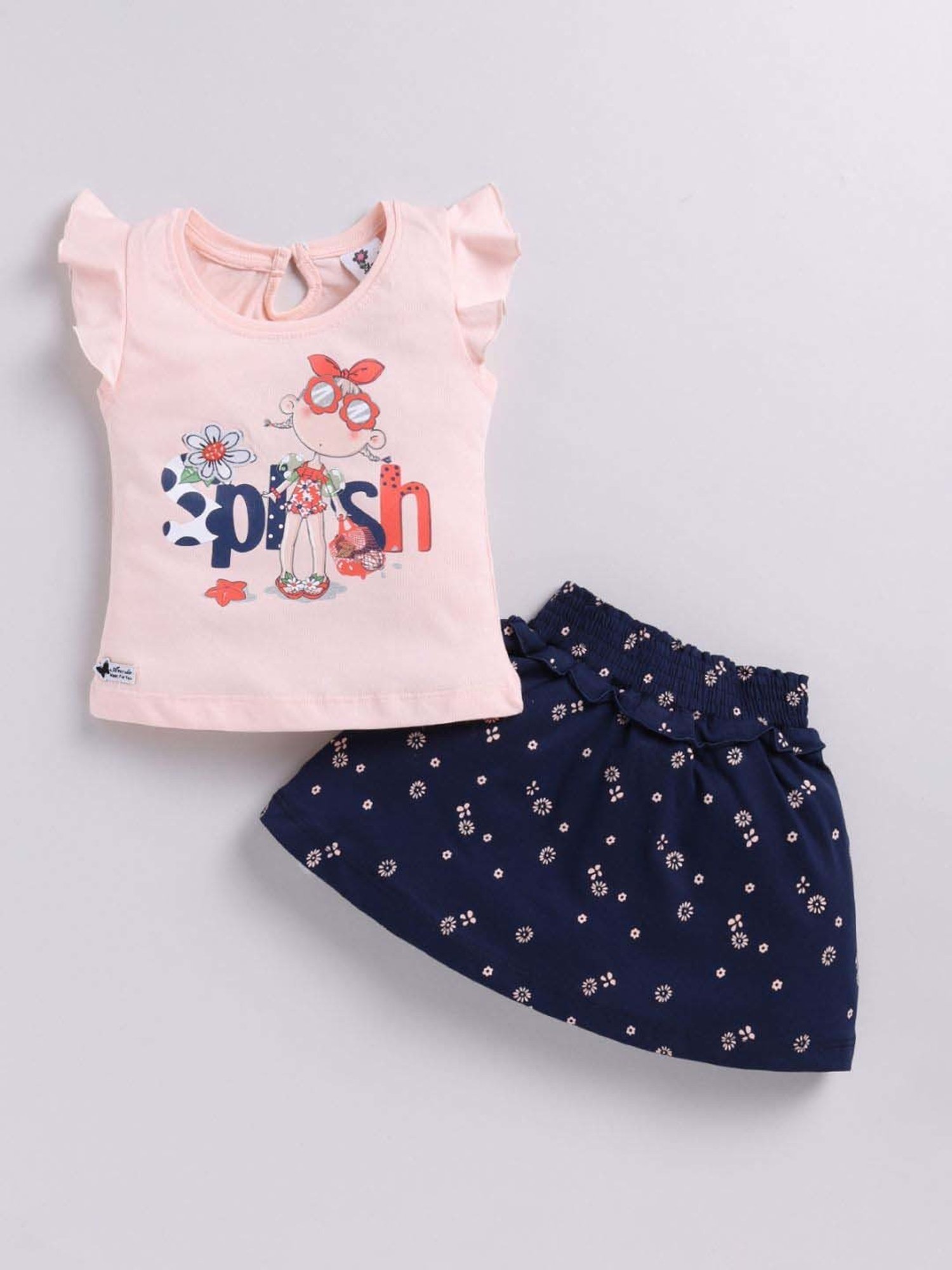 ANNIE Girls Pink & Blue Cotton Printed Top & Skirt Set
