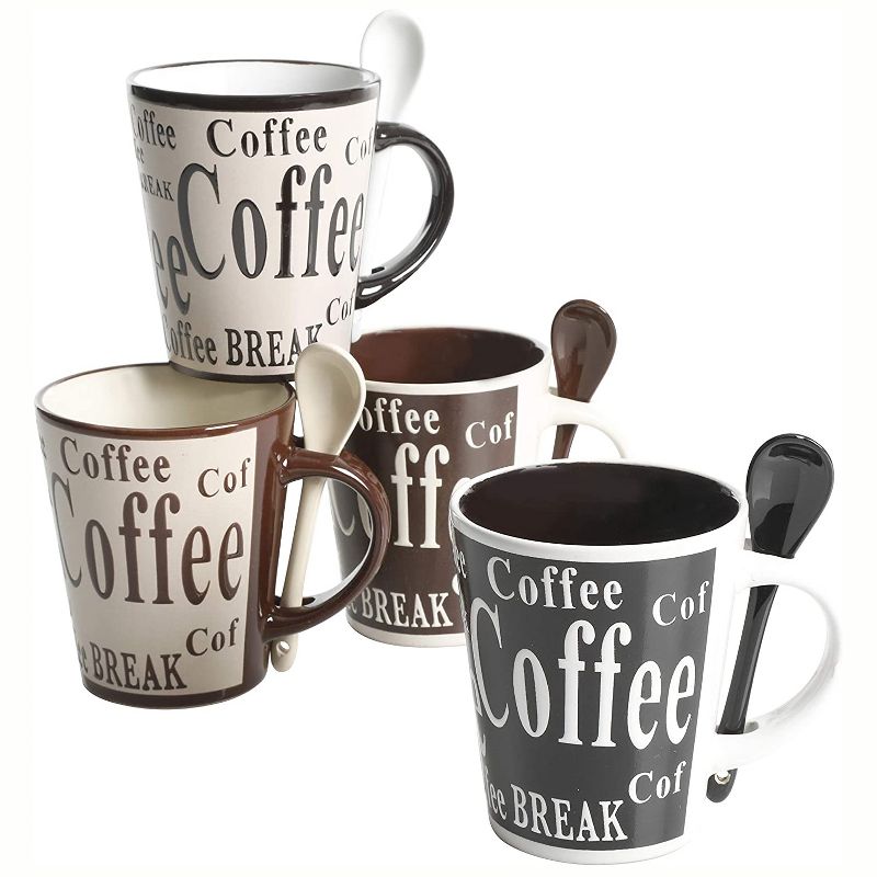 Gibson Mr. Coffee Dolce Cafe 4 Person 8 Piece Ceramic Stoneware Mug and Matching Spoon Set with Coffee Lettering, Assorted Colors