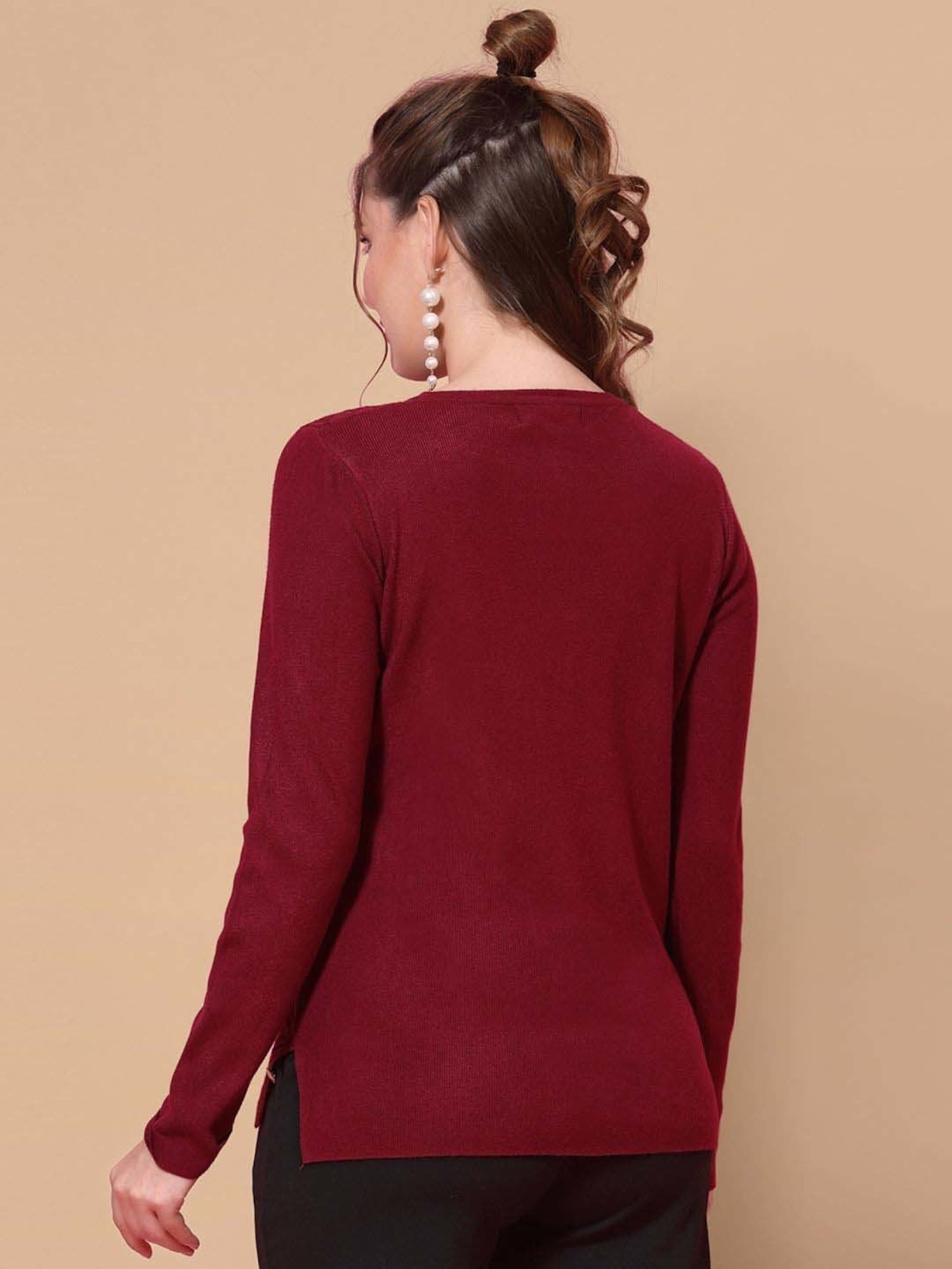 Mafadeny Maroon Embellished Cardigan