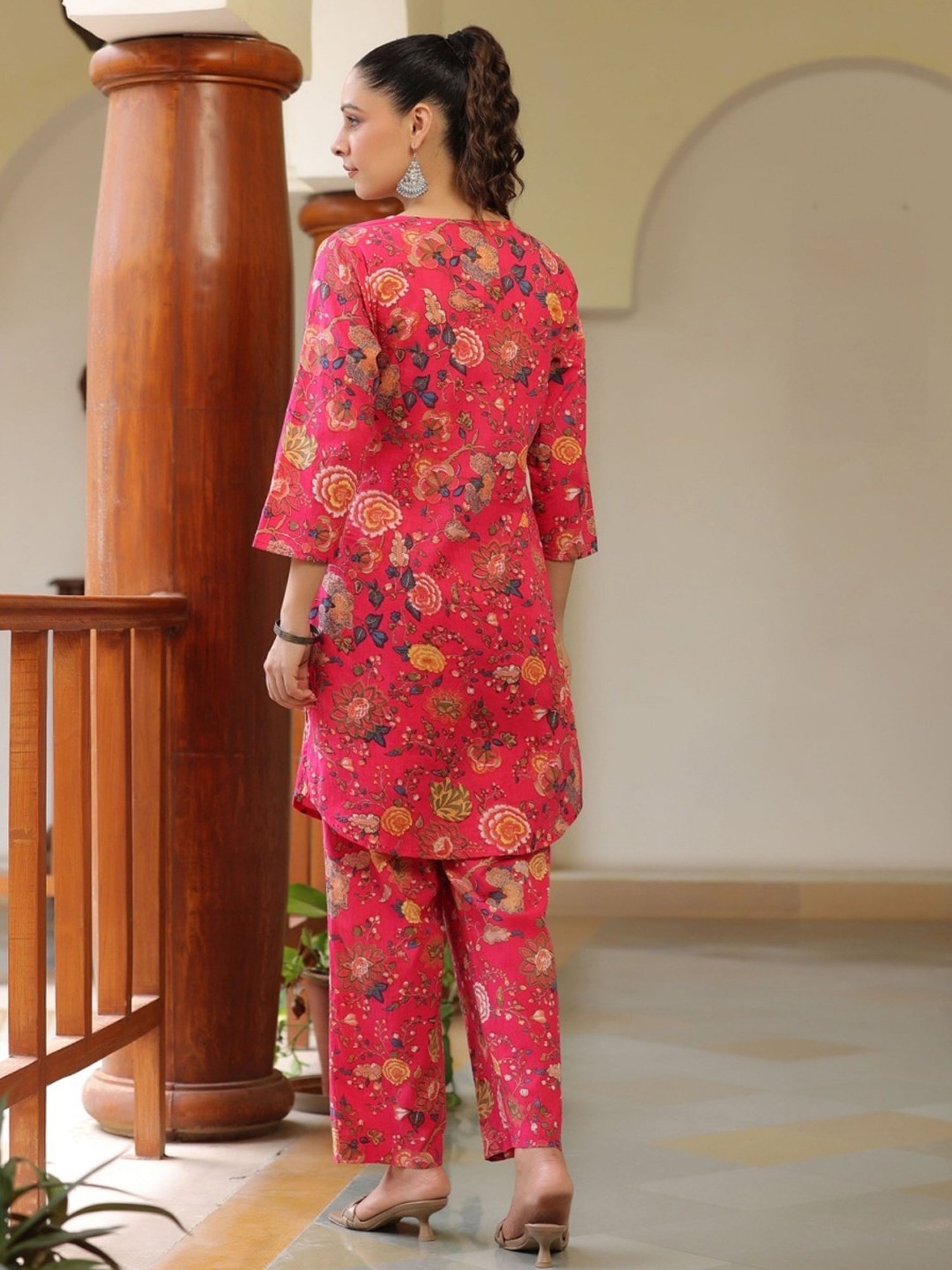 Rain and Rainbow Fuchsia Pink Cotton Floral Print Kurta Pant Set
