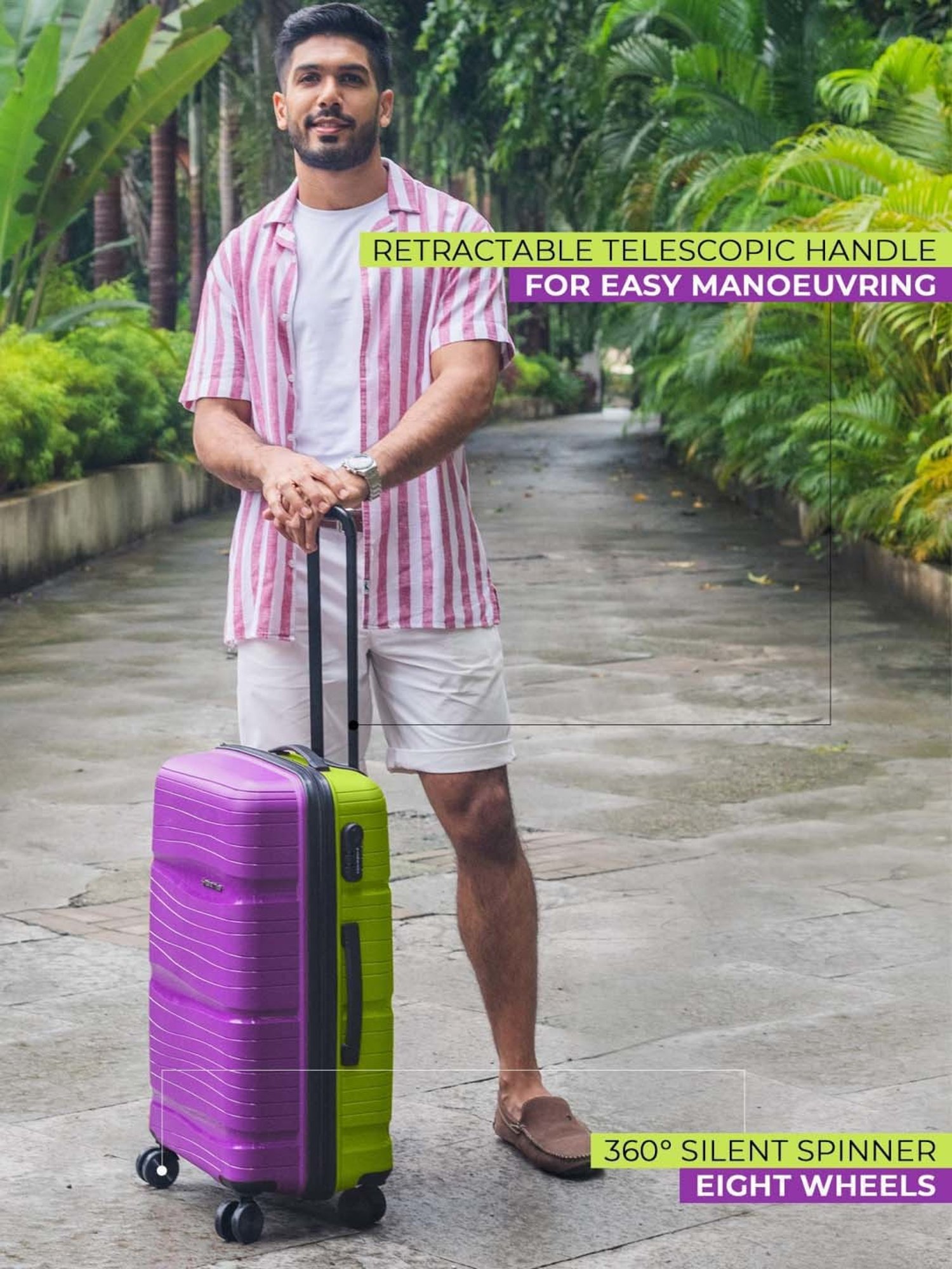 Nasher Miles Nicobar Hard-Sided Polypropylene Set of 3 Purple and Green Trolley Bags(55,65&75Cm)