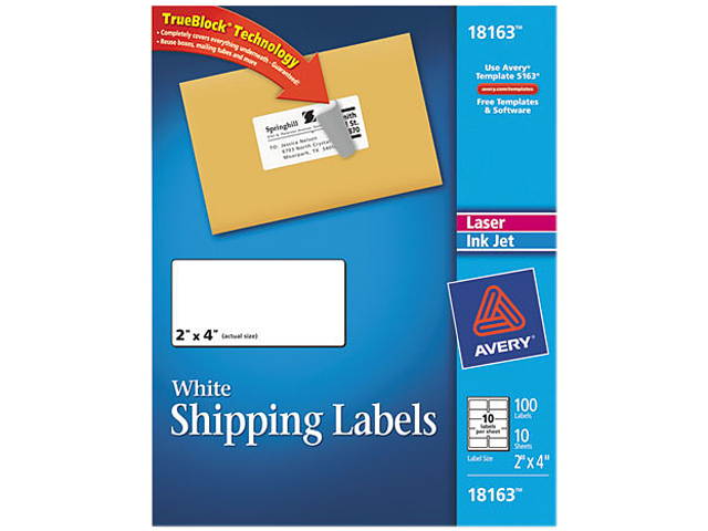 Avery 18163 Shipping Labels, 2 x 4, White, 100/Pack