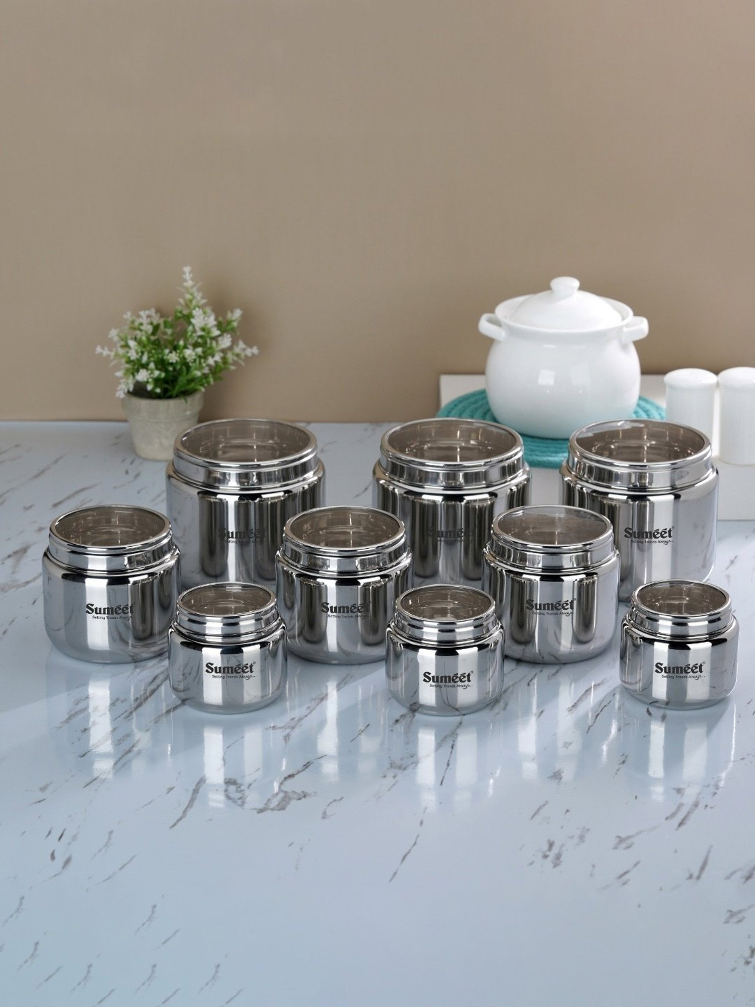 Sumeet S.S. Storage Containers with See Through Lid, Combo of 9 Pcs (400ml, 800ml & 1450ml-3Pc each)