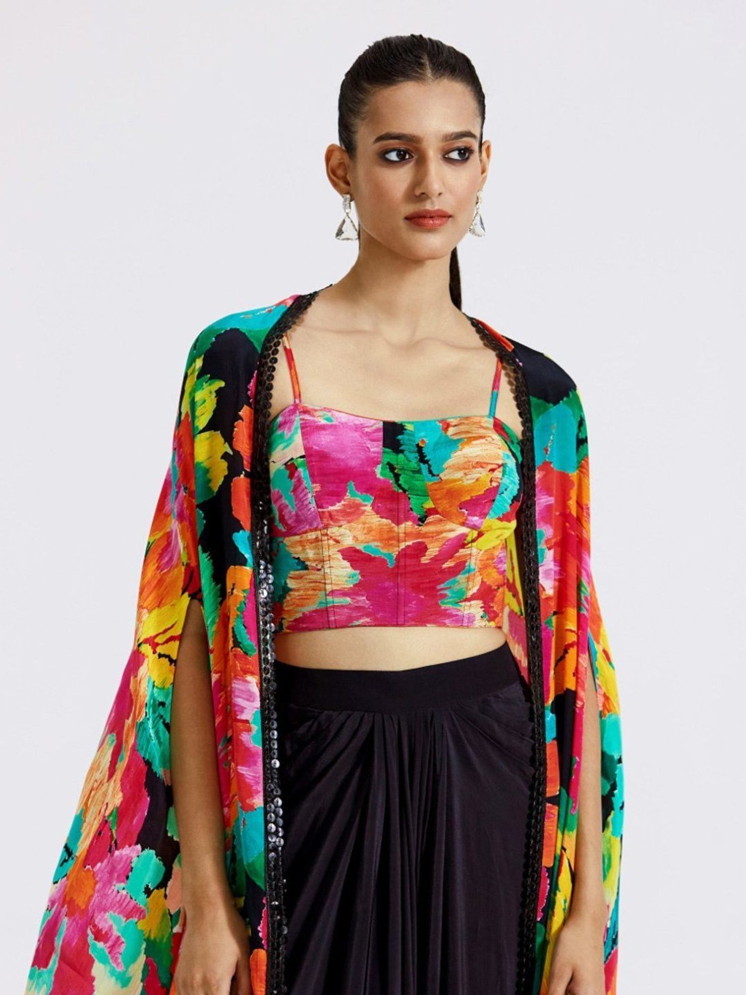 Basanti Kapde aur Koffee Multicolored Evolve Skirt with Blouse and Cape
