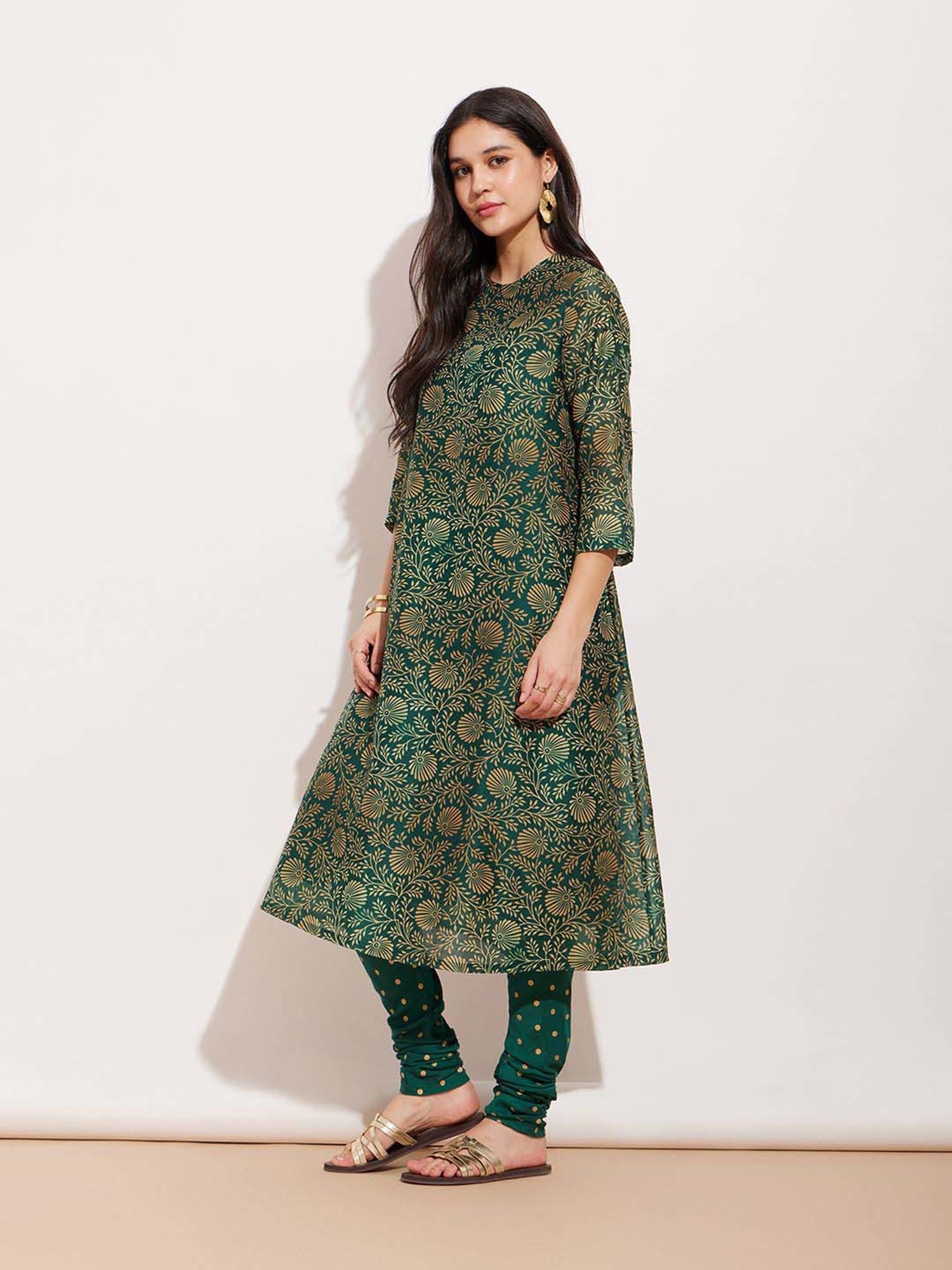 Pink Fort Green Printed A Line Kurta