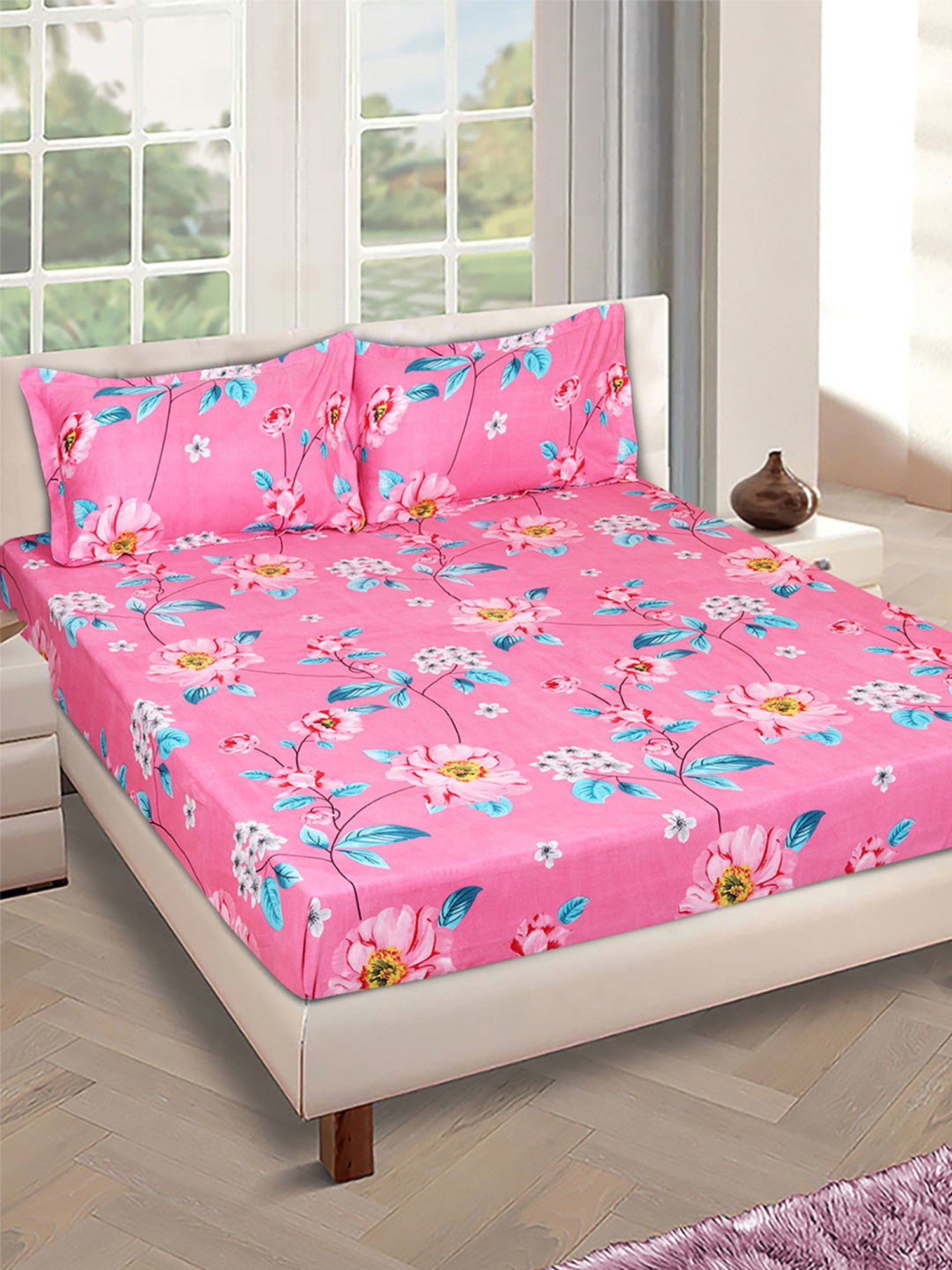 Romee Pink Microfibre Floral Bed Sheets