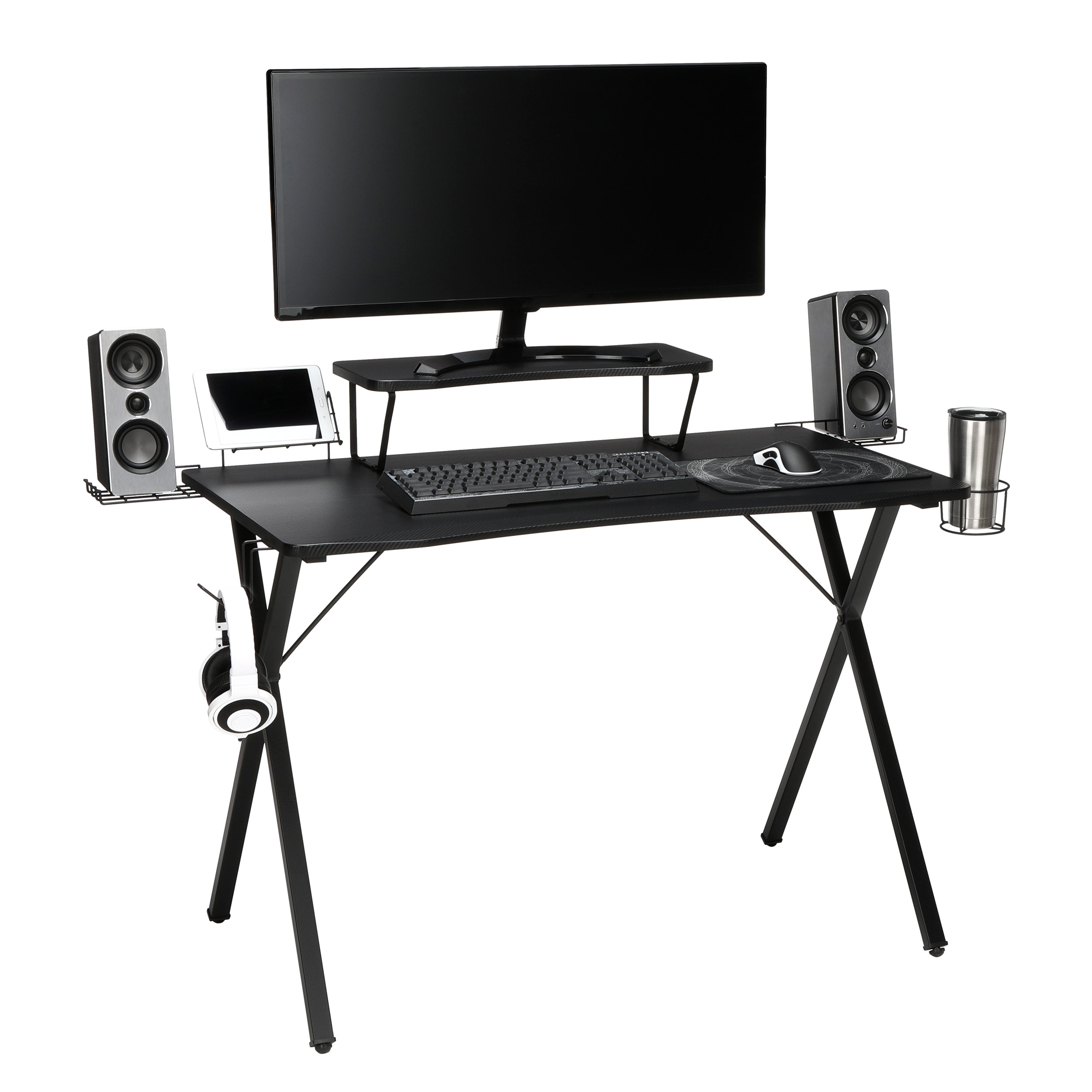 55" Gaming Computer Desk, 35" Monitor Shelf, X-Base, in Black/Black