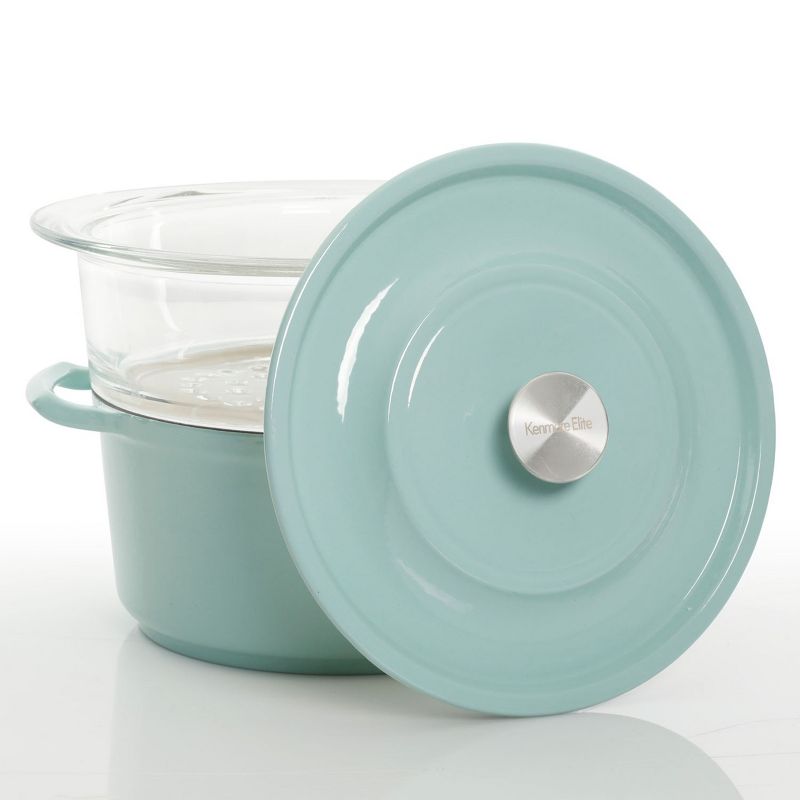 Kenmore Oak Park 5 Quart Enameled Cast Iron Casserole with Lid and Glass Steamer in Blue