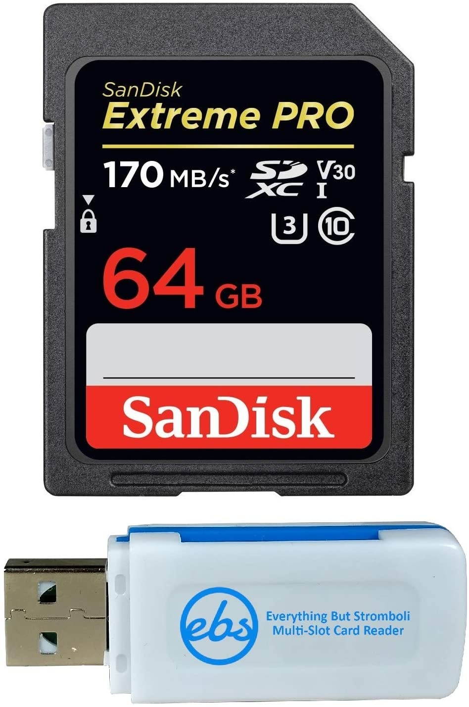 SanDisk 64GB SDXC SD Extreme Pro Memory Card Bundle Works with Sony Alpha a6400 Mirrorless Camera (ILCE-6400/B) 4K V30 U3 (SDSDXXY-064G-GN4IN) Plus (1) Everything But Stromboli (TM) Combo Card Reader