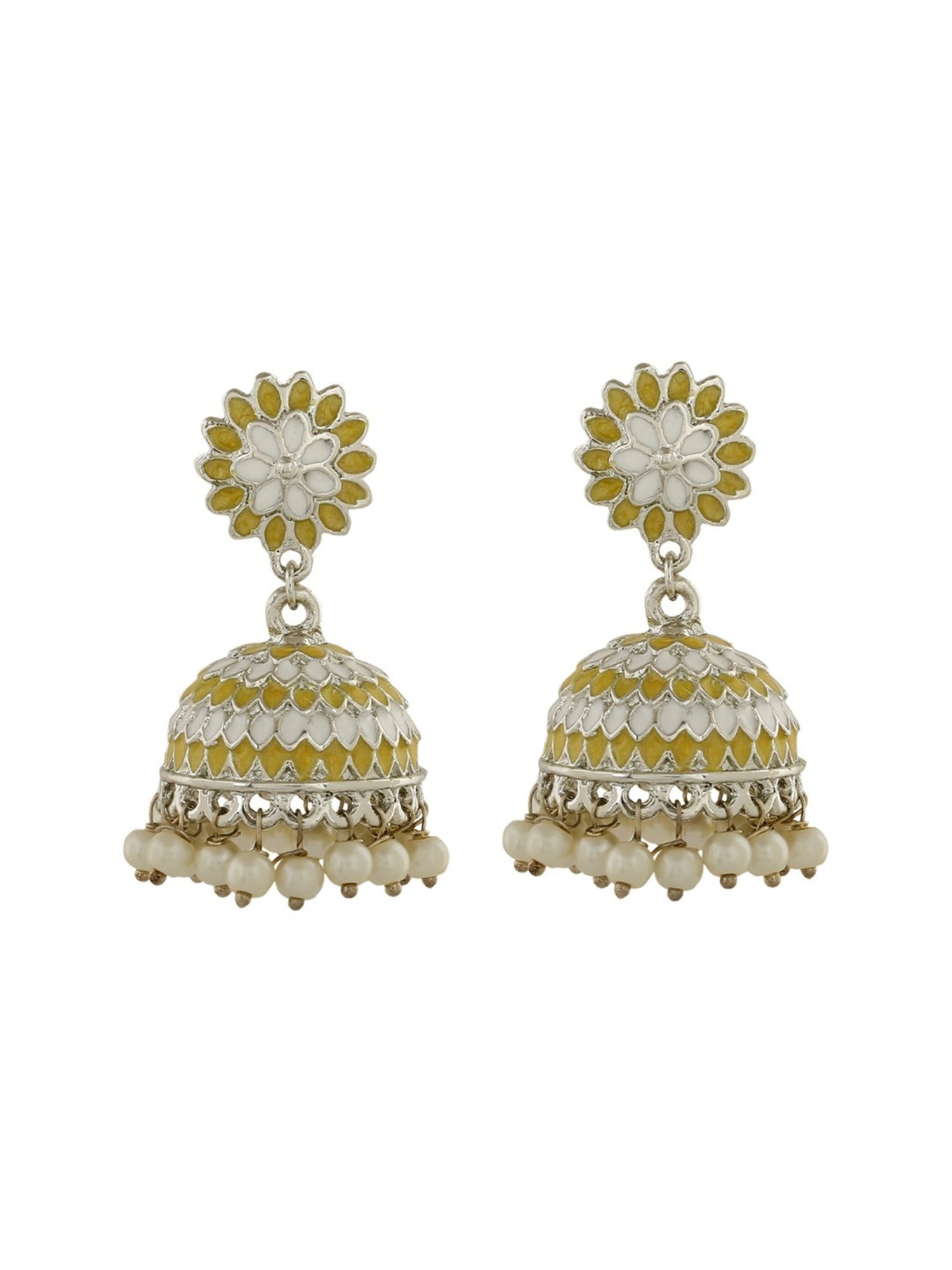 Estele Rhodium-Plated Traditional Yellow & White Meenakari Jhumki Earrings
