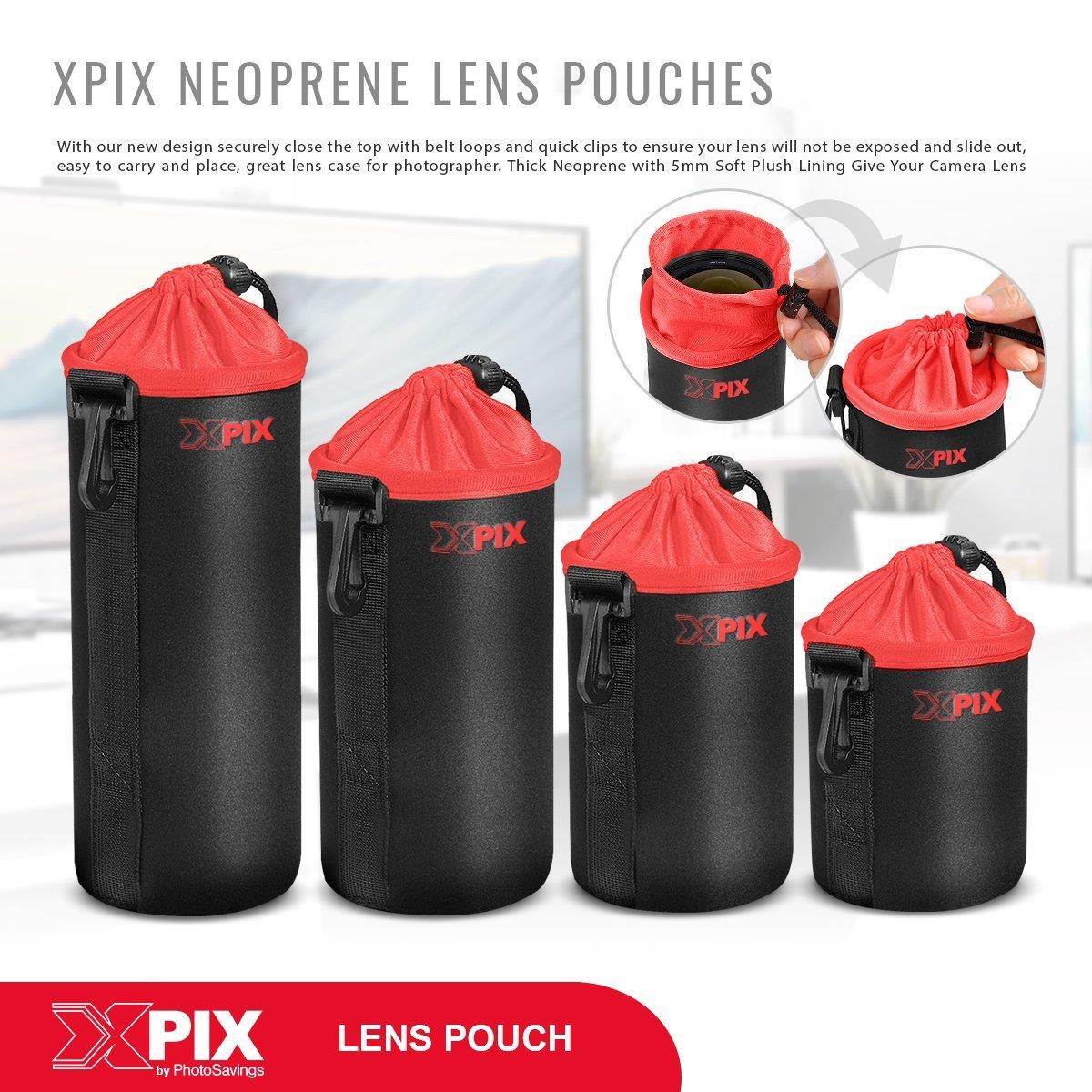 Xpix Deluxe Protector Neoprene DSLR Lens Pouch Kit (3 Pack) for Canon, Nikon, Pentax, Sony, Olympus, Panasonic, and More with Small, Medium, Large Pouches & Fibertique Cloth