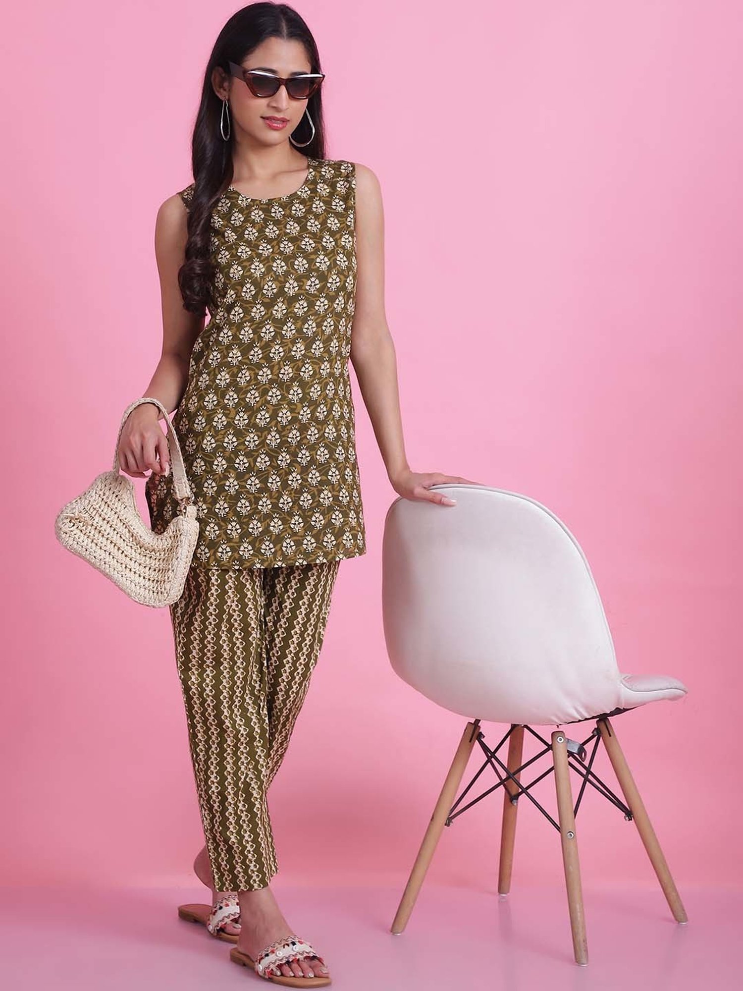 Prakrti Green Cotton Printed Top Pant Set