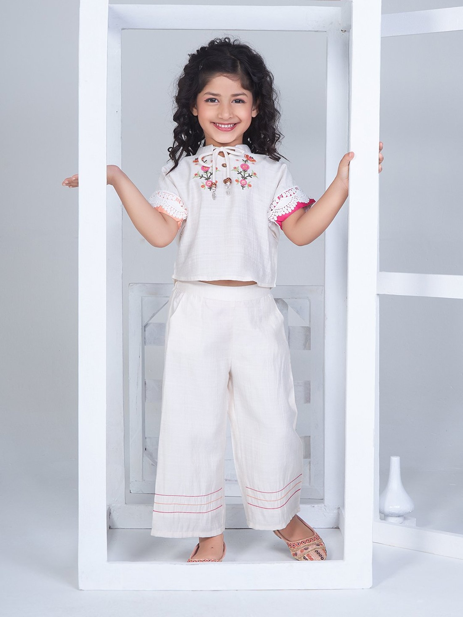Peppermint Kids Beige Embroidered Top with Pants