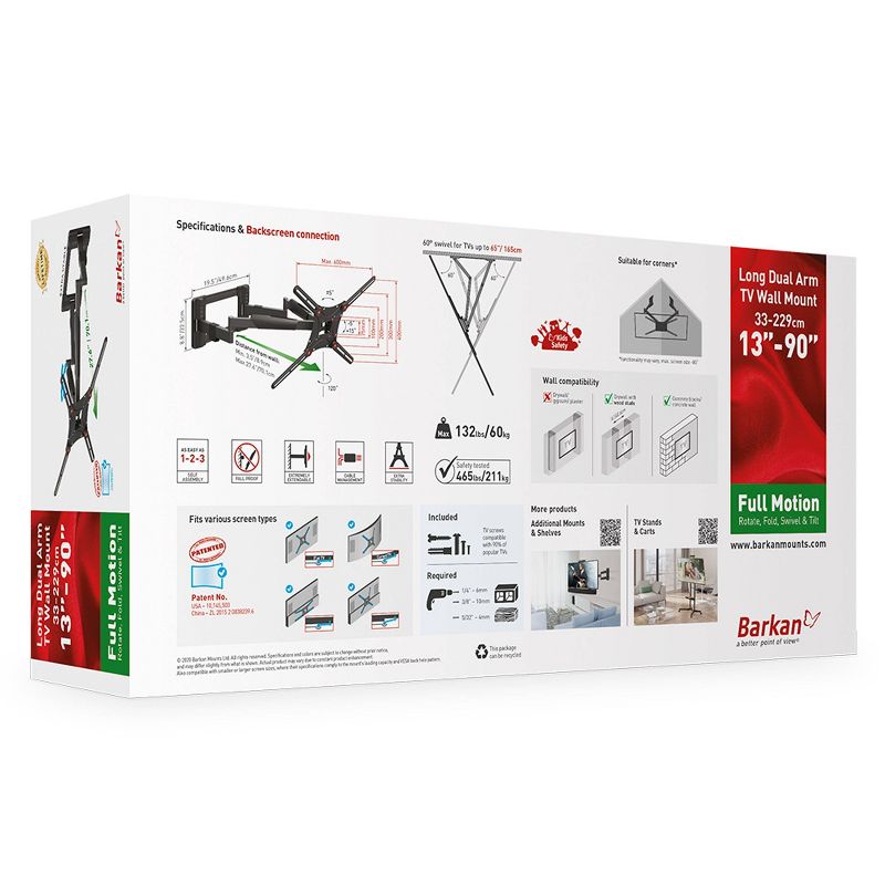 Barkan 13 - 90" Full Motion - 4 Movement Long Dual Arm Premium Flat / Curved TV Wall Mount Black
