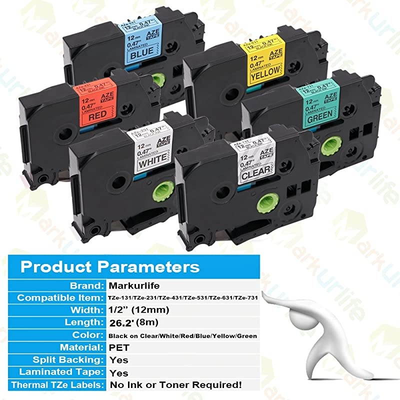 Compatible Color Tz Label Replace for Brother Ptouch Label Maker Tze Tape 12mm 047 Inch Laminated Black on WhiteClearBlue RedYellowGreen for Ptouch D200 PTD210 PTD400 PTD600 6P