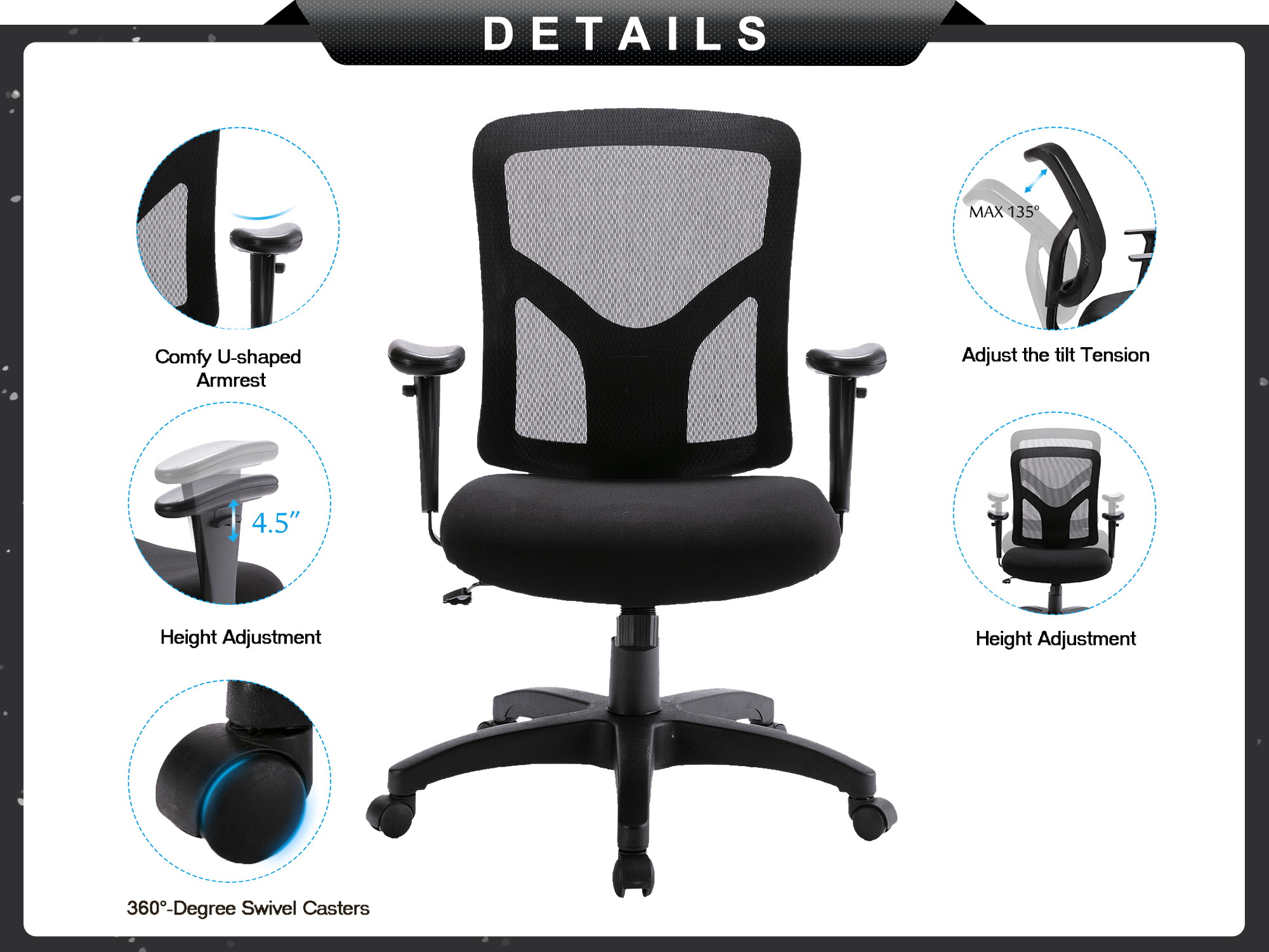 Qwork Ergonomic Office Chair Mesh Computer Chair High Back, Adjustable, Swivel Office Desk Chair with Armrests, Black