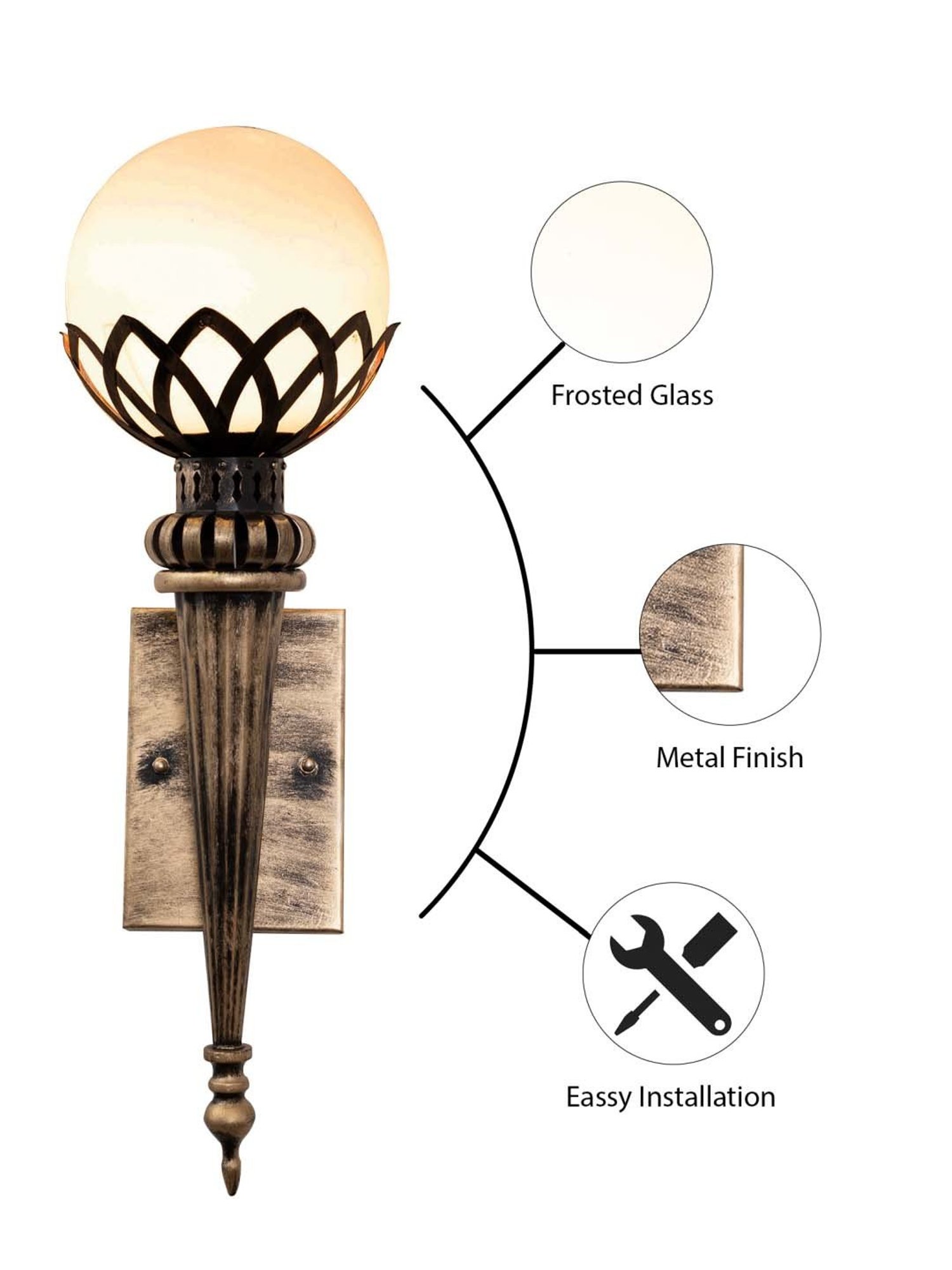 Homesake Gold & White Metal Vintage Filigree Torch Rustic Wall Lamp