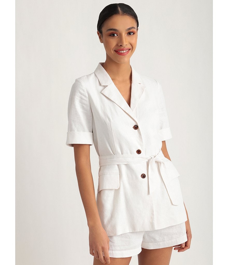 Donna Morgan Tie Waist Short Sleeve Linen V-Neck Romper