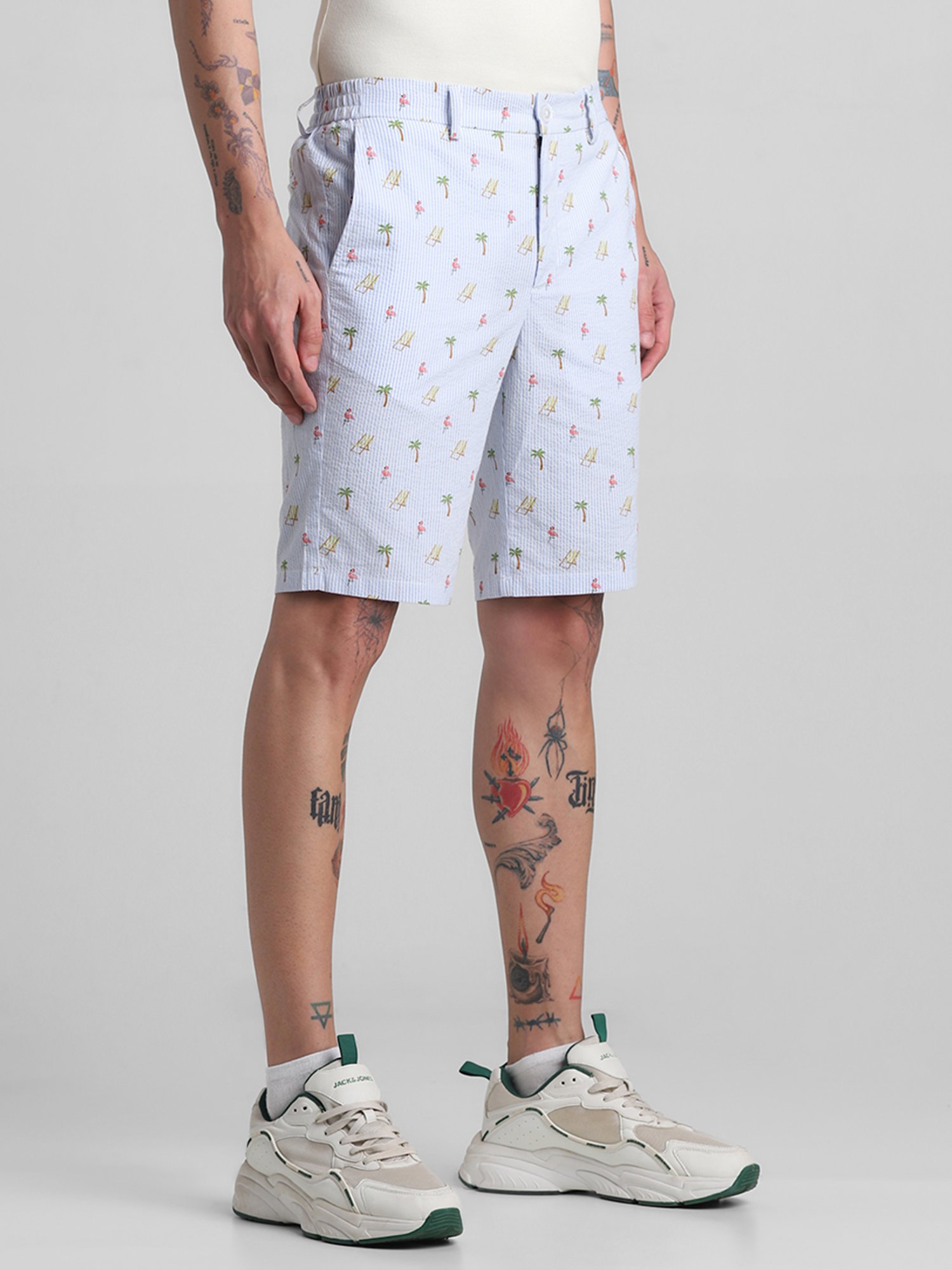 Jack & Jones Light Blue Regular Fit Striped Cotton Shorts