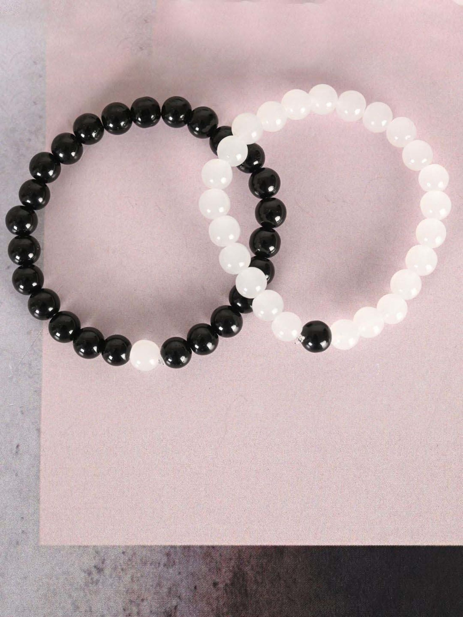 NVR White & Black Marbel Crystal Elasticated Bracelet for Unisex - Set of 2
