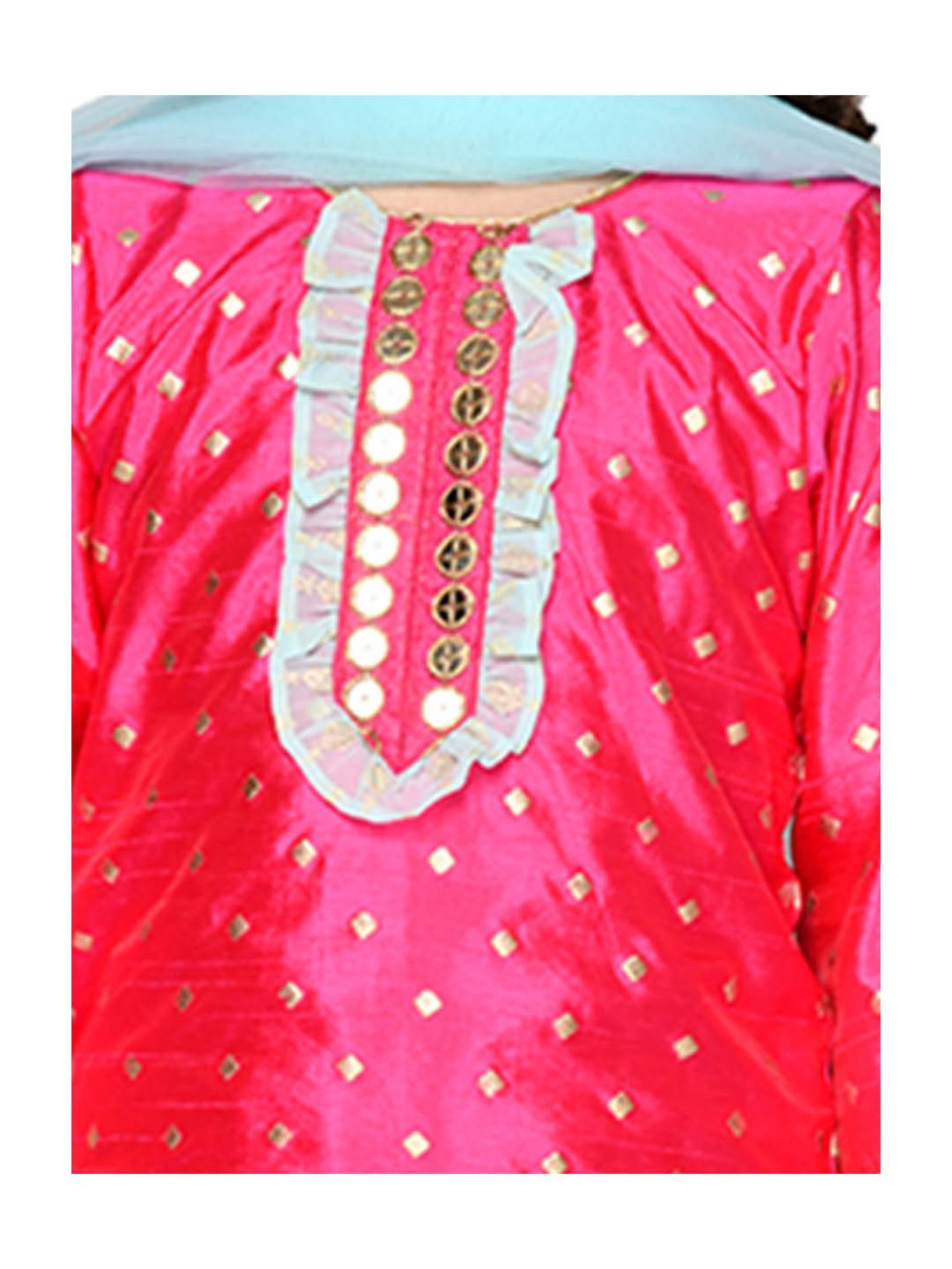 Saka Designs Kids Fushcia & Blue Foil Print Kurta with Dhoti & Dupatta