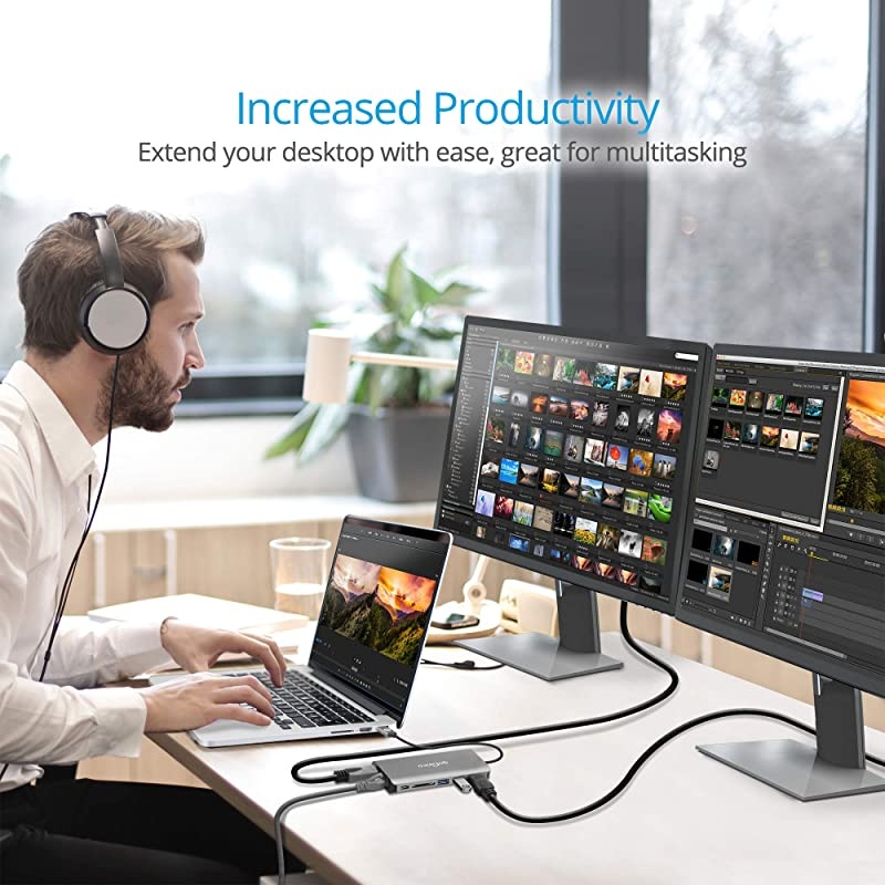 USB-C to Dual 4K DisplayPort MST Adapter Splitter, 4K @30Hz, USB Type C to Displayport Multi Monitor Converter, Thunderbolt 3 Compatible, for Windows PCs, NOT Mac, (DP Alternate Mode Required)