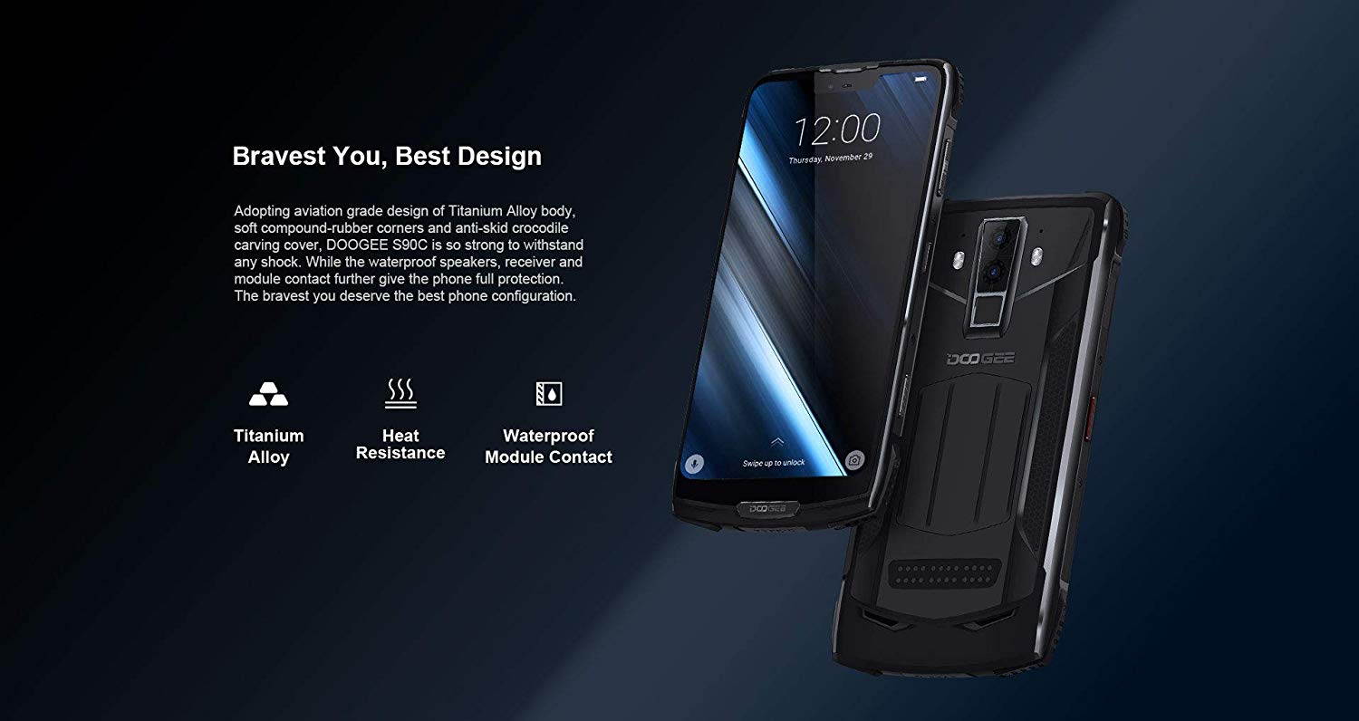 DOOGEE S90C rugged smartphone unlock 4G dual SIM unlock phone Android 9.0, IP68/IP69K waterproof Helio P70 4GB+64GB, 6.2-inch 5050mAh, 16MP+8MP+8MP AI camera NFC wireless charging