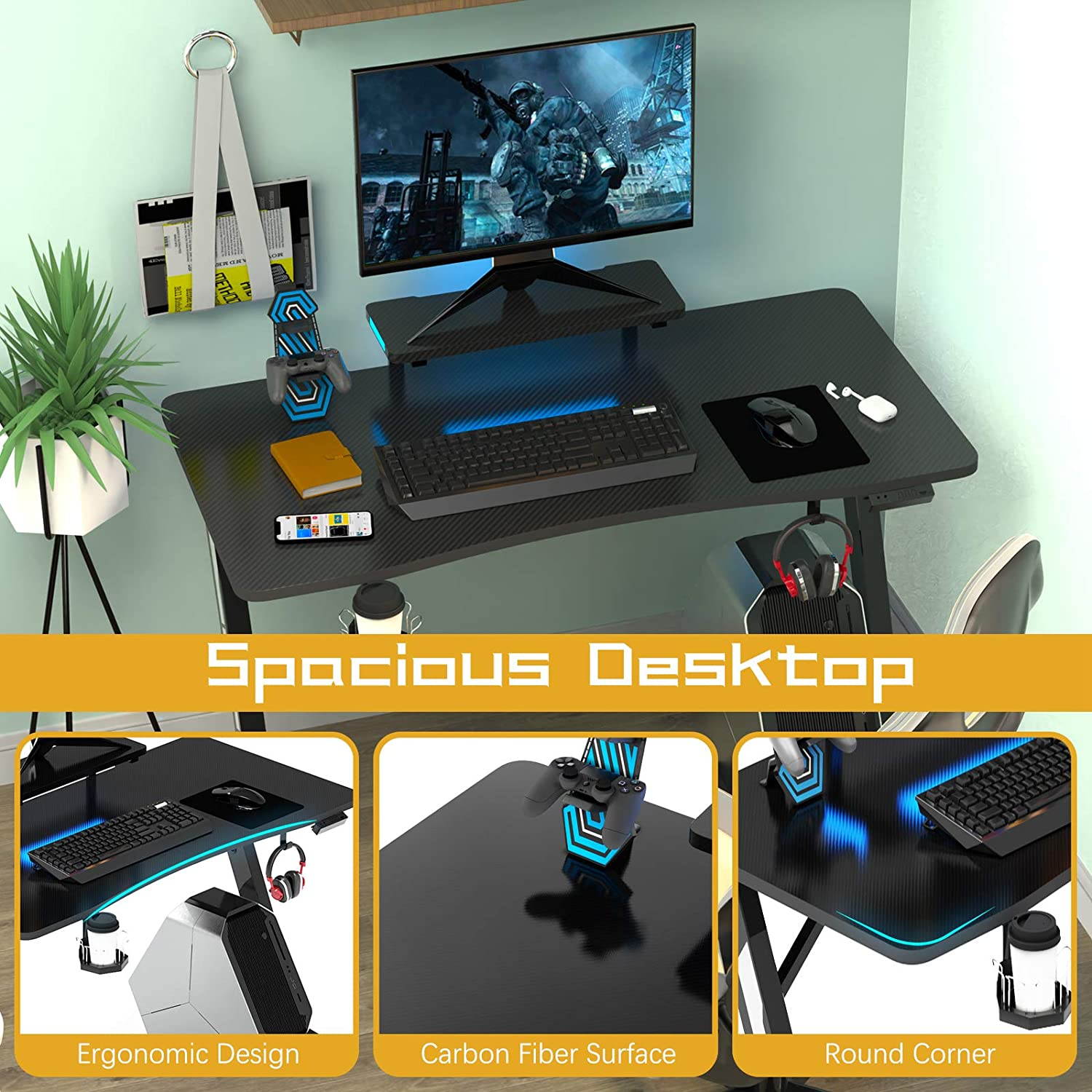 47.2 Inch Z-Shaped Gaming Desk Home Office Computer Desk Gamer Workstation with Monitor Stand Carbon Fiber Surface Gamer Table with RGB Lights Cup Holder Headphone Hook Plug Board Holder